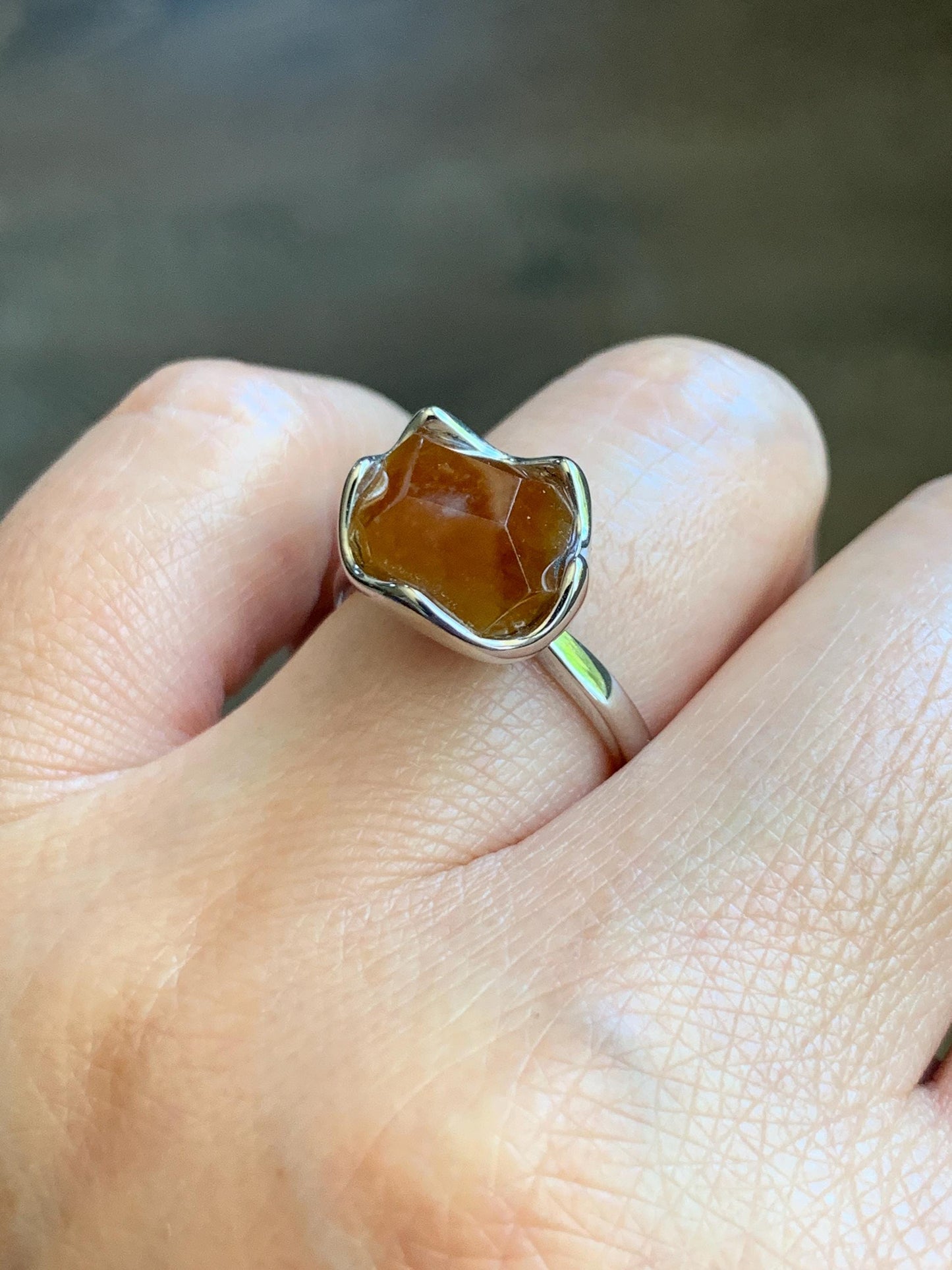 Certified Natural Grade A Icy Translucent Reddish Brown Faceted Jade Jadeite Solitaire Ring Sterling Silver Size 7.25 US 天然冰红翡翠银镶戒指 231