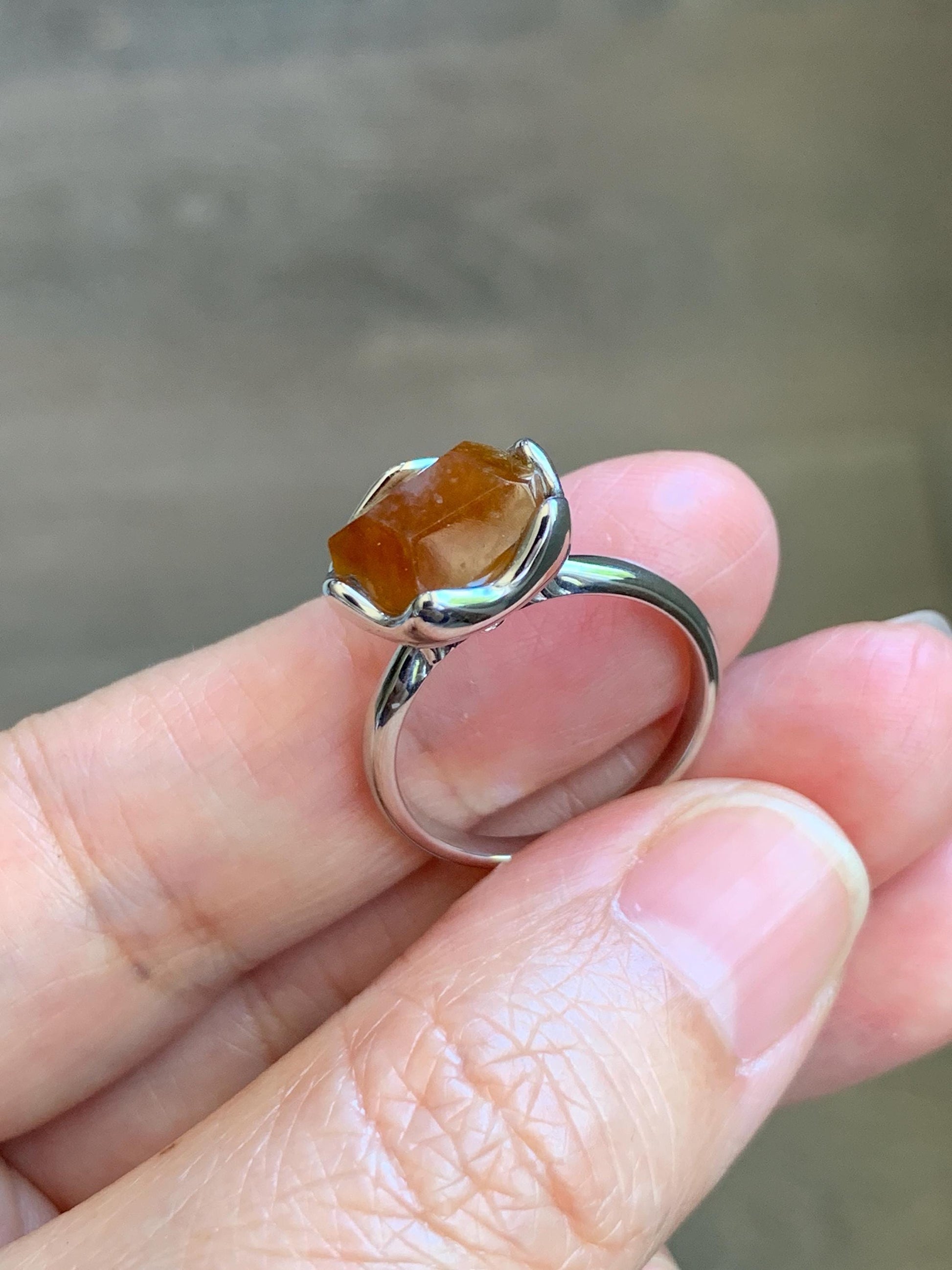 Certified Natural Grade A Icy Translucent Reddish Brown Faceted Jade Jadeite Solitaire Ring Sterling Silver Size 7.25 US 天然冰红翡翠银镶戒指 231