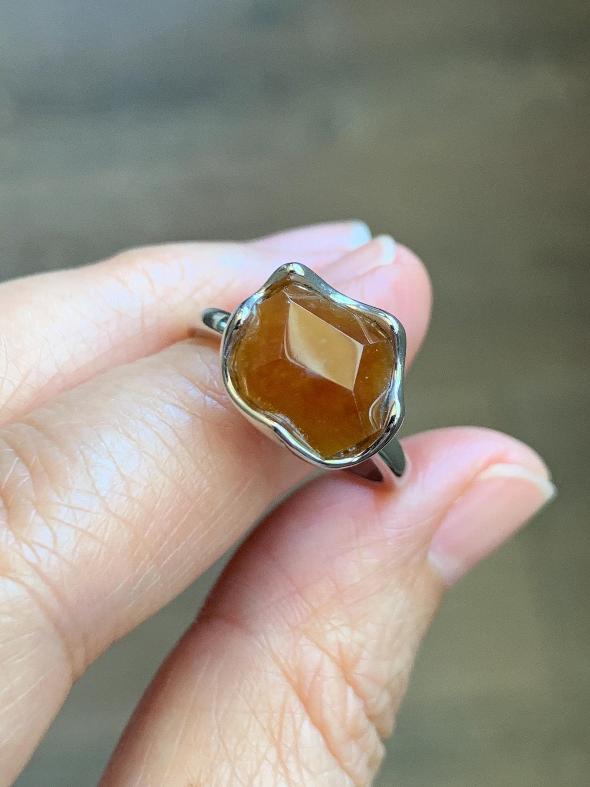 Certified Natural Grade A Icy Translucent Reddish Brown Faceted Jade Jadeite Solitaire Ring Sterling Silver Size 7.25 US 天然冰红翡翠银镶戒指 231