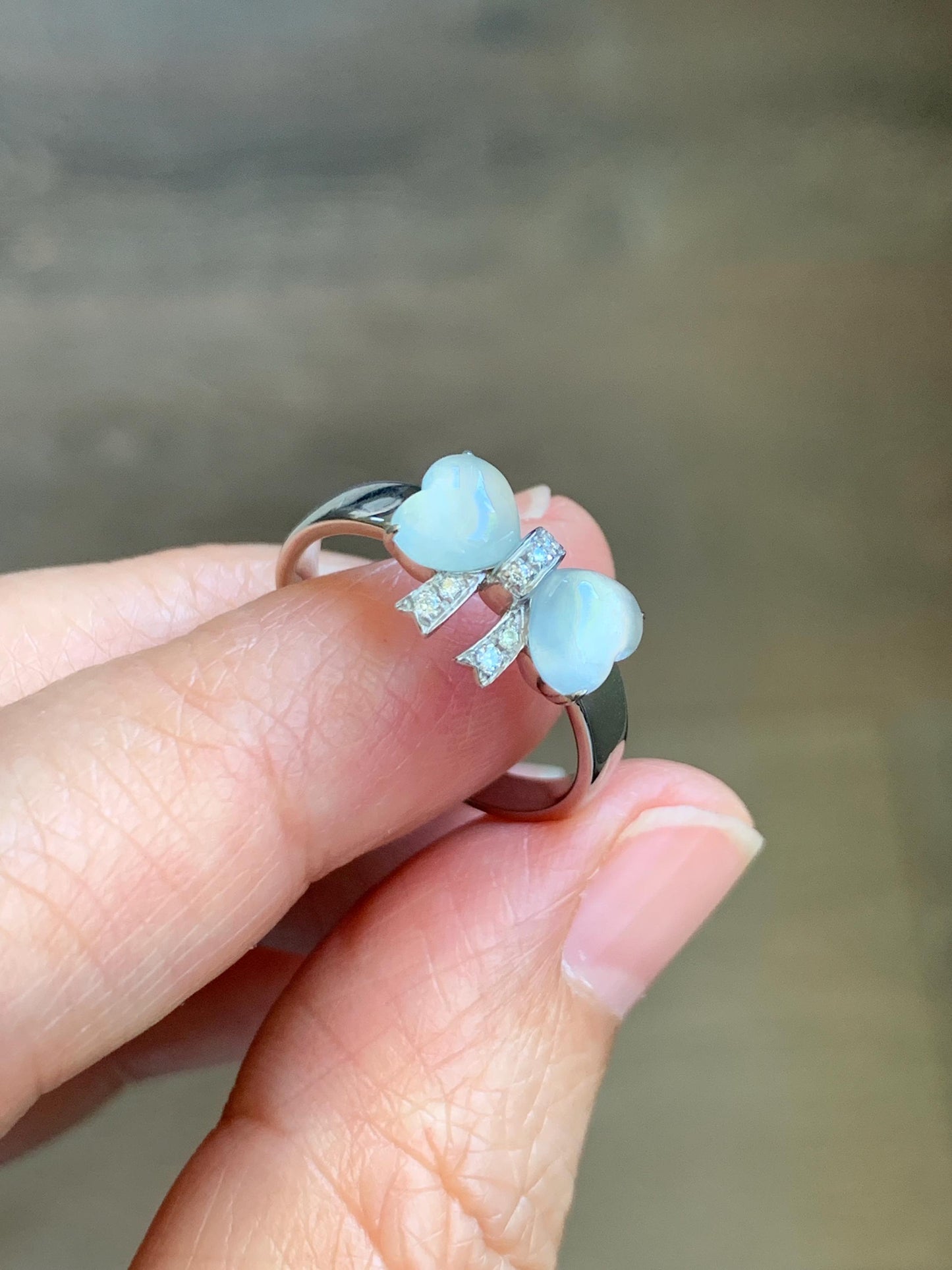 Certified Natural Grade A Icy Highly Translucent White Jade Jadeite Heart Bow Ring Sterling Silver Size 7 US 2.75g 天然白冰爱心翡翠蝴蝶结银镶戒指 228