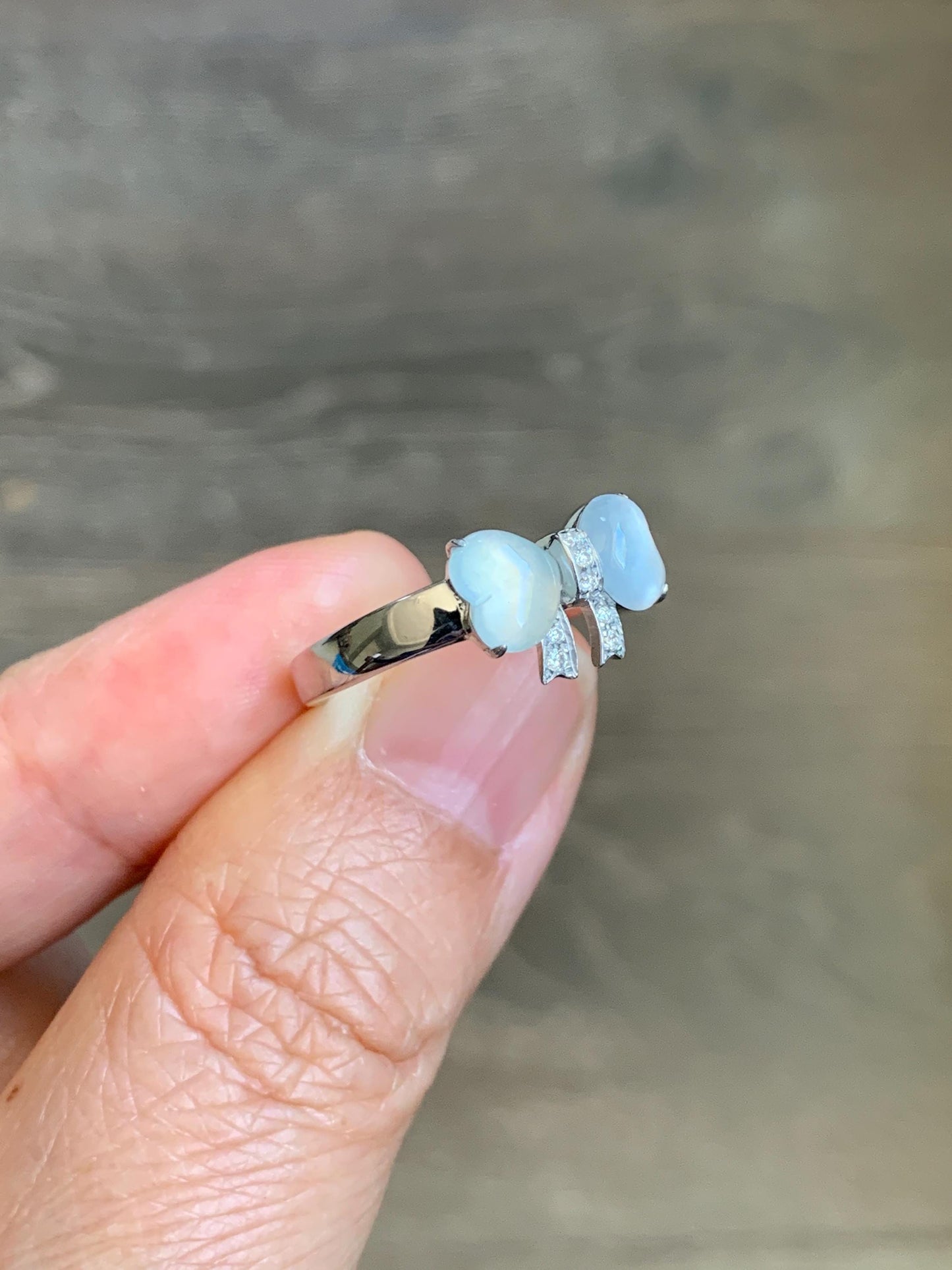 Certified Natural Grade A Icy Highly Translucent White Jade Jadeite Heart Bow Ring Sterling Silver Size 7 US 2.75g 天然白冰爱心翡翠蝴蝶结银镶戒指 228
