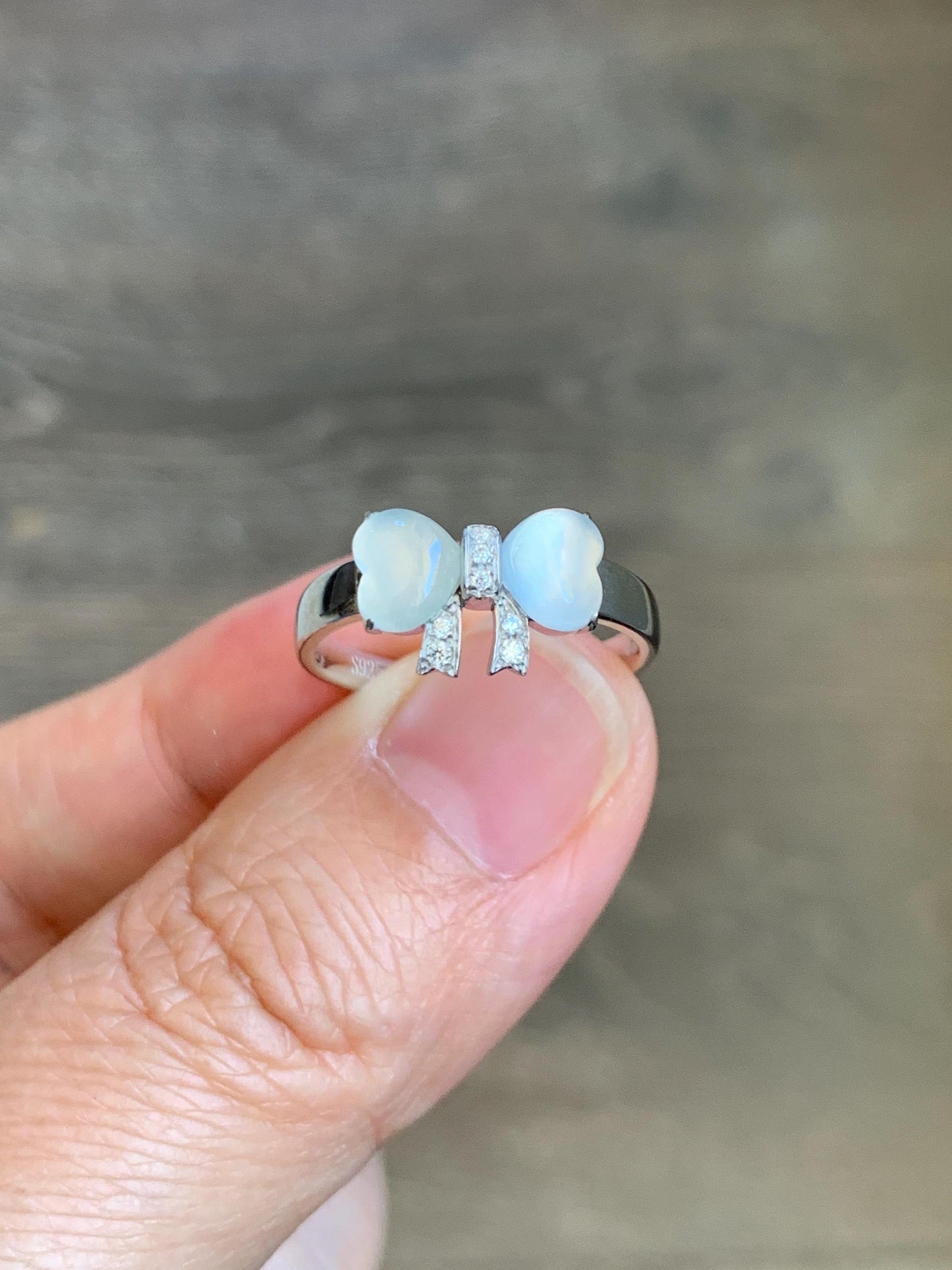 Certified Natural Grade A Icy Highly Translucent White Jade Jadeite Heart Bow Ring Sterling Silver Size 7 US 2.75g 天然白冰爱心翡翠蝴蝶结银镶戒指 228