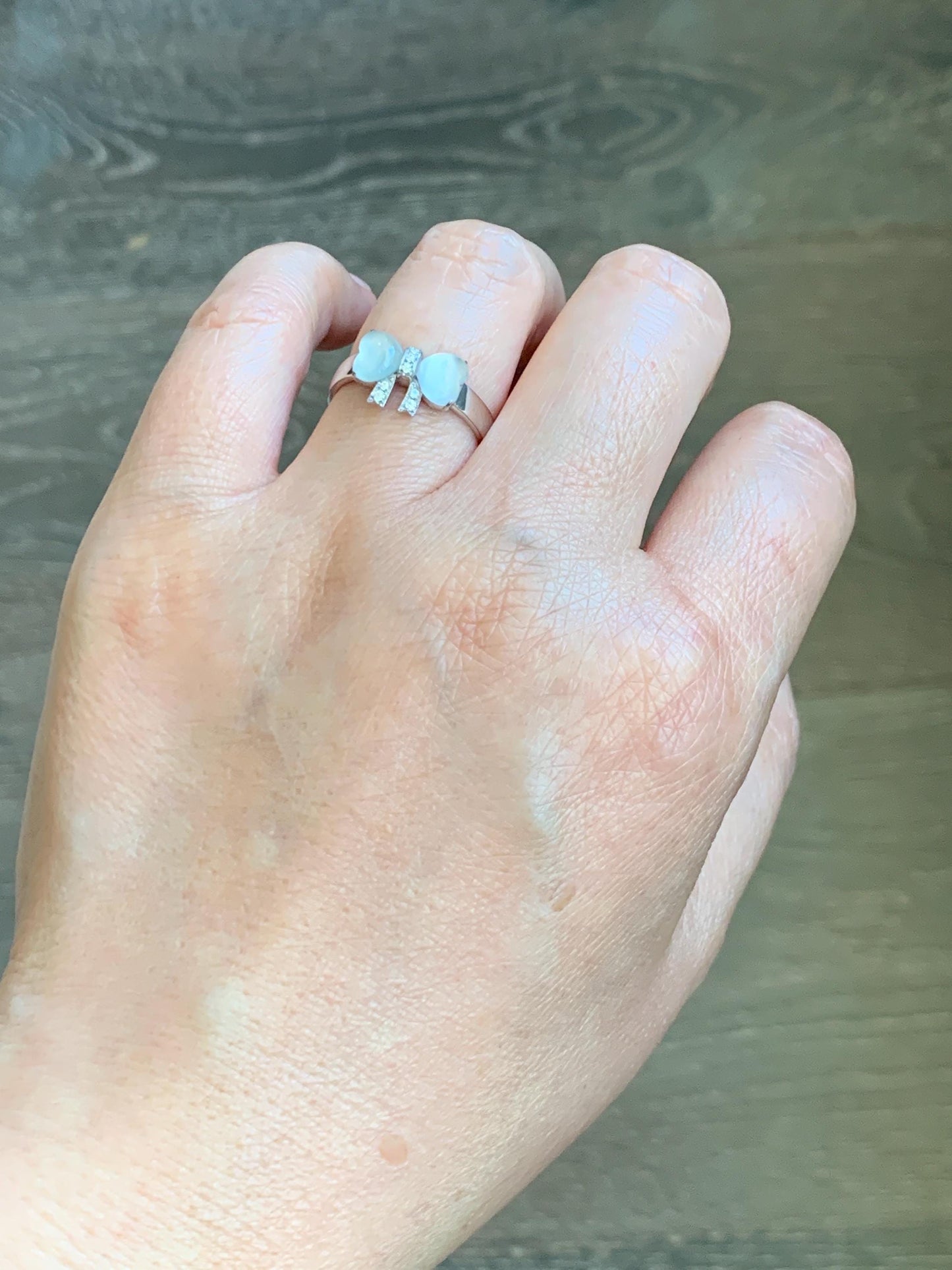Certified Natural Grade A Icy Highly Translucent White Jade Jadeite Heart Bow Ring Sterling Silver Size 7 US 2.75g 天然白冰爱心翡翠蝴蝶结银镶戒指 228