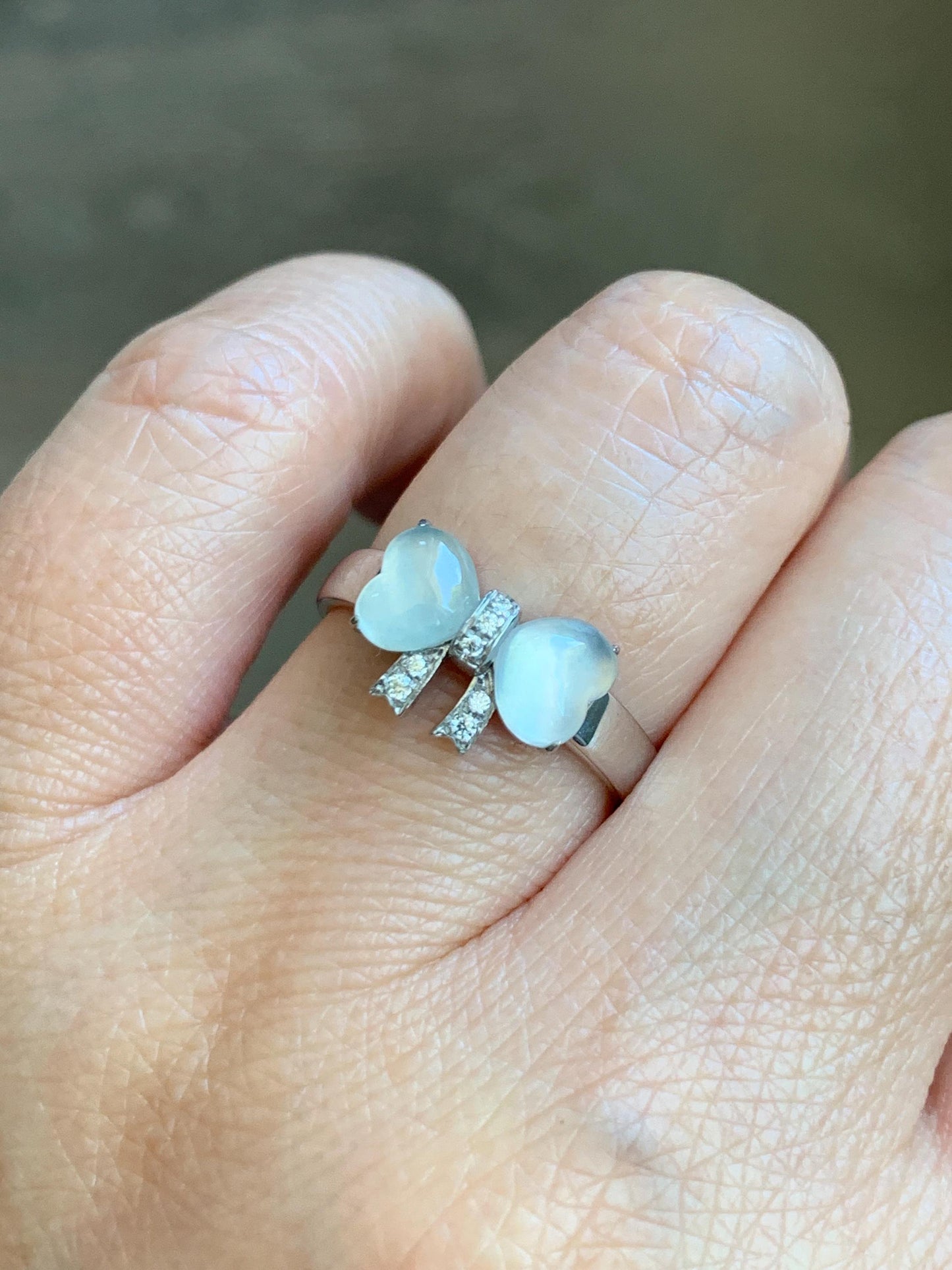 Certified Natural Grade A Icy Highly Translucent White Jade Jadeite Heart Bow Ring Sterling Silver Size 7 US 2.75g 天然白冰爱心翡翠蝴蝶结银镶戒指 228