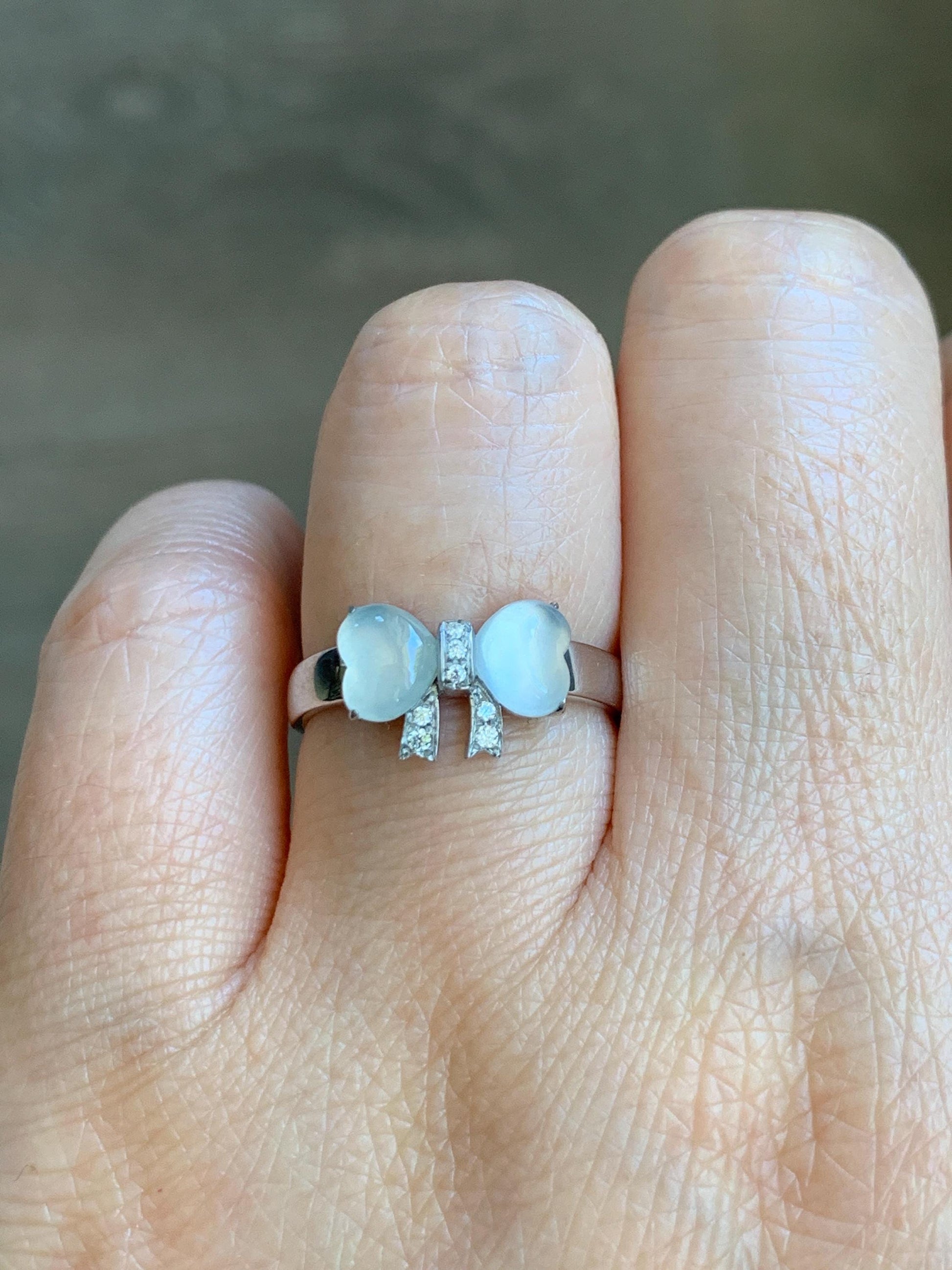 Certified Natural Grade A Icy Highly Translucent White Jade Jadeite Heart Bow Ring Sterling Silver Size 7 US 2.75g 天然白冰爱心翡翠蝴蝶结银镶戒指 228