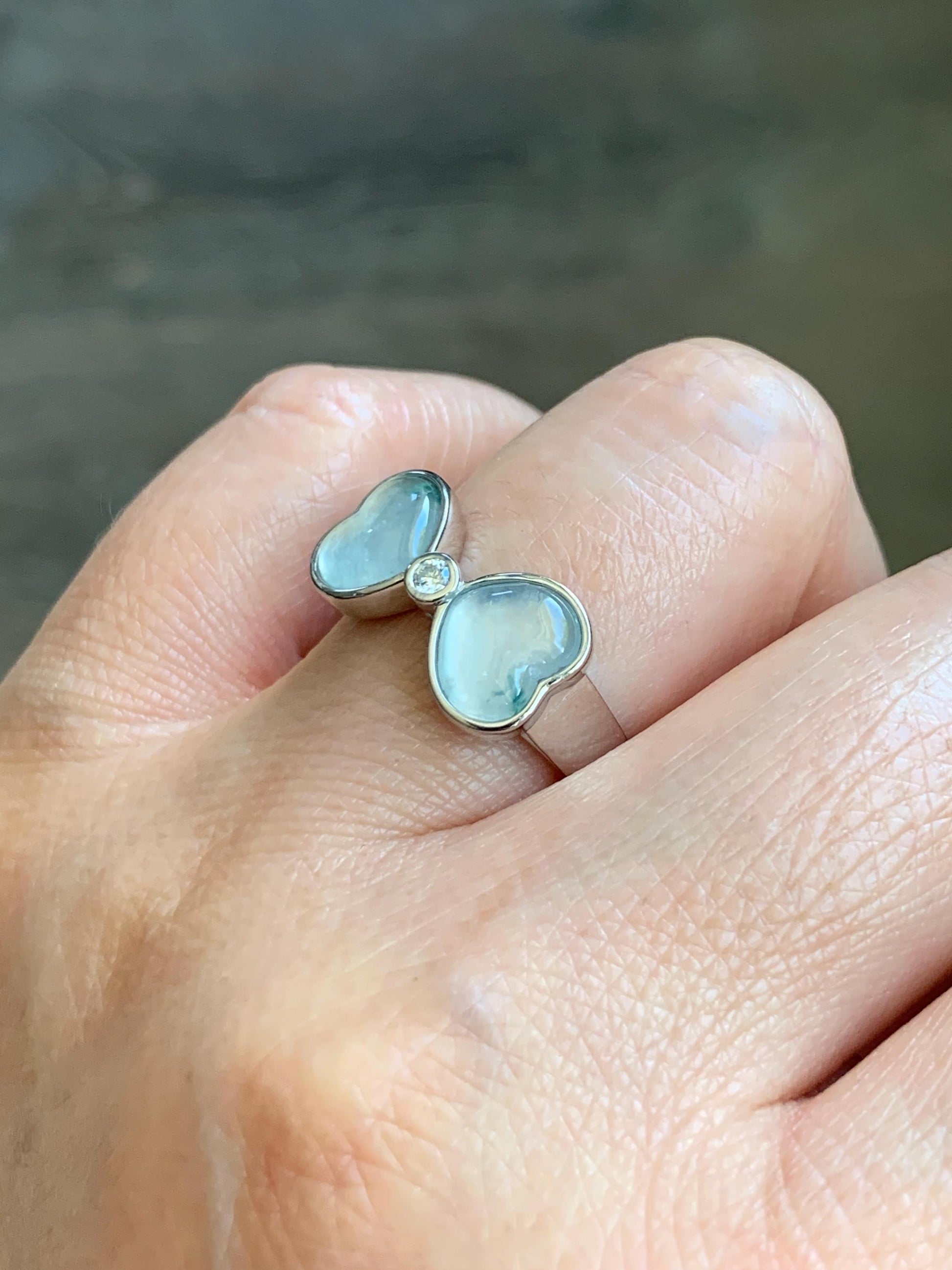 Certified Natural Grade A Icy Highly Translucent White Jade Jadeite Heart Bow Ring Sterling Silver Size 7.25 US 4.2g 天然白冰爱心翡翠蝴蝶结银镶戒指 233
