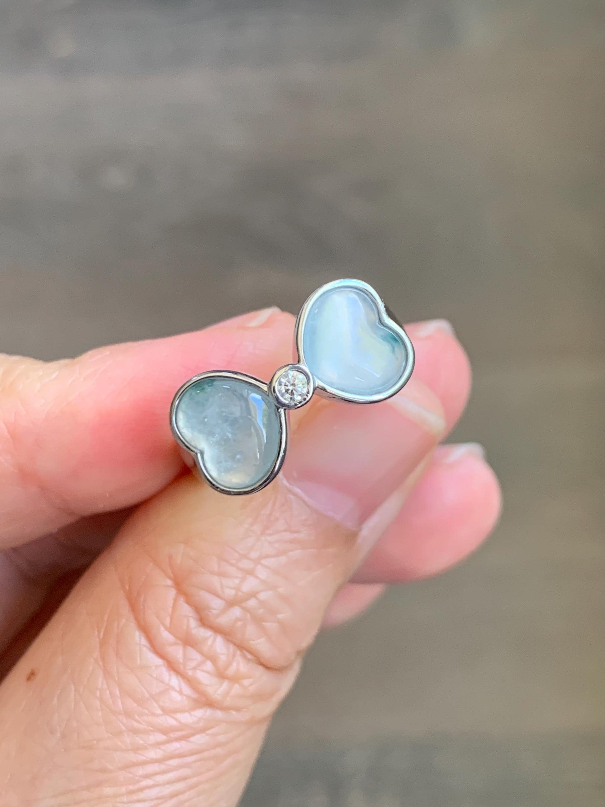 Certified Natural Grade A Icy Highly Translucent White Jade Jadeite Heart Bow Ring Sterling Silver Size 7.25 US 4.2g 天然白冰爱心翡翠蝴蝶结银镶戒指 233