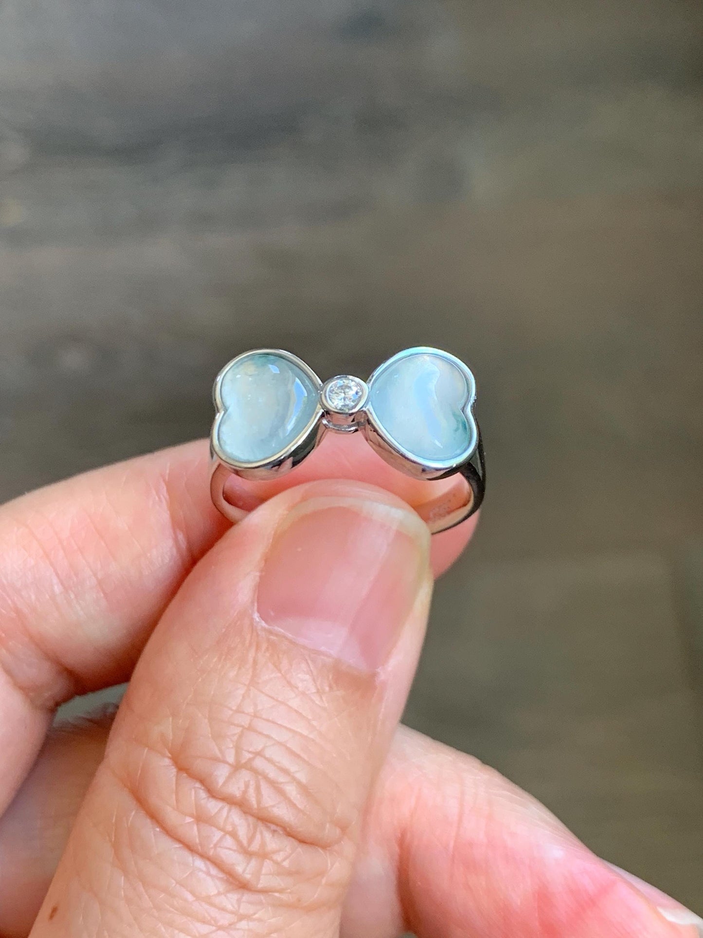 Certified Natural Grade A Icy Highly Translucent White Jade Jadeite Heart Bow Ring Sterling Silver Size 7.25 US 4.2g 天然白冰爱心翡翠蝴蝶结银镶戒指 233