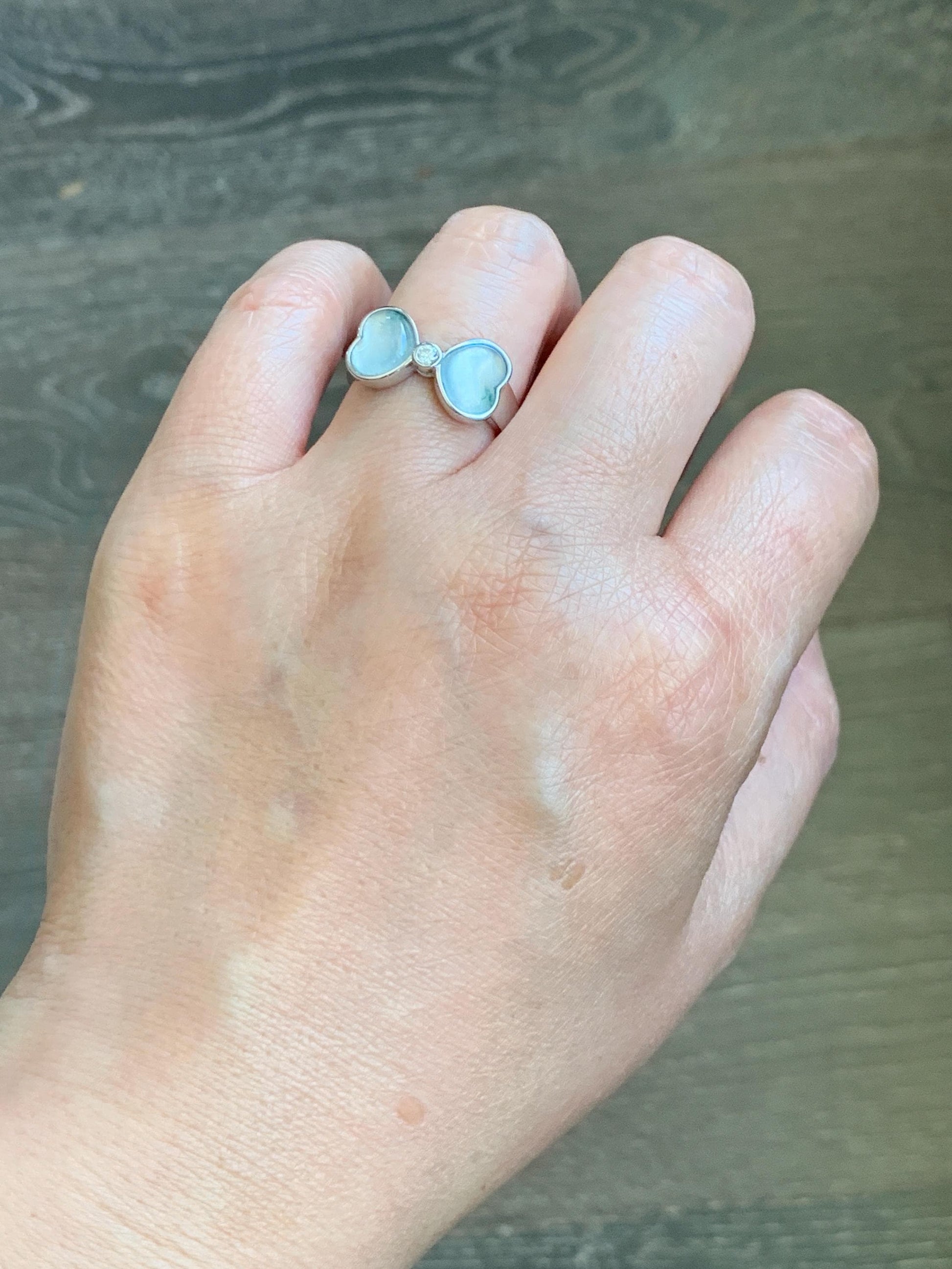 Certified Natural Grade A Icy Highly Translucent White Jade Jadeite Heart Bow Ring Sterling Silver Size 7.25 US 4.2g 天然白冰爱心翡翠蝴蝶结银镶戒指 233