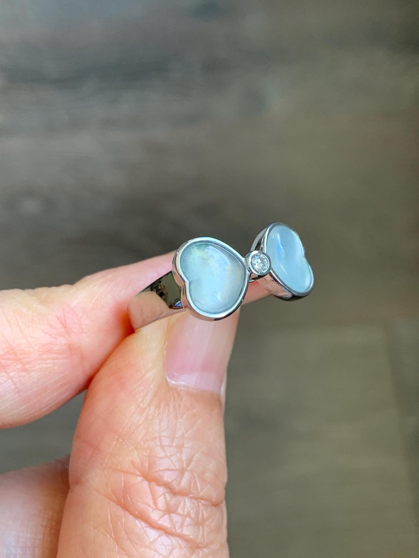 Certified Natural Grade A Icy Highly Translucent White Jade Jadeite Heart Bow Ring Sterling Silver Size 7.25 US 4.2g 天然白冰爱心翡翠蝴蝶结银镶戒指 233