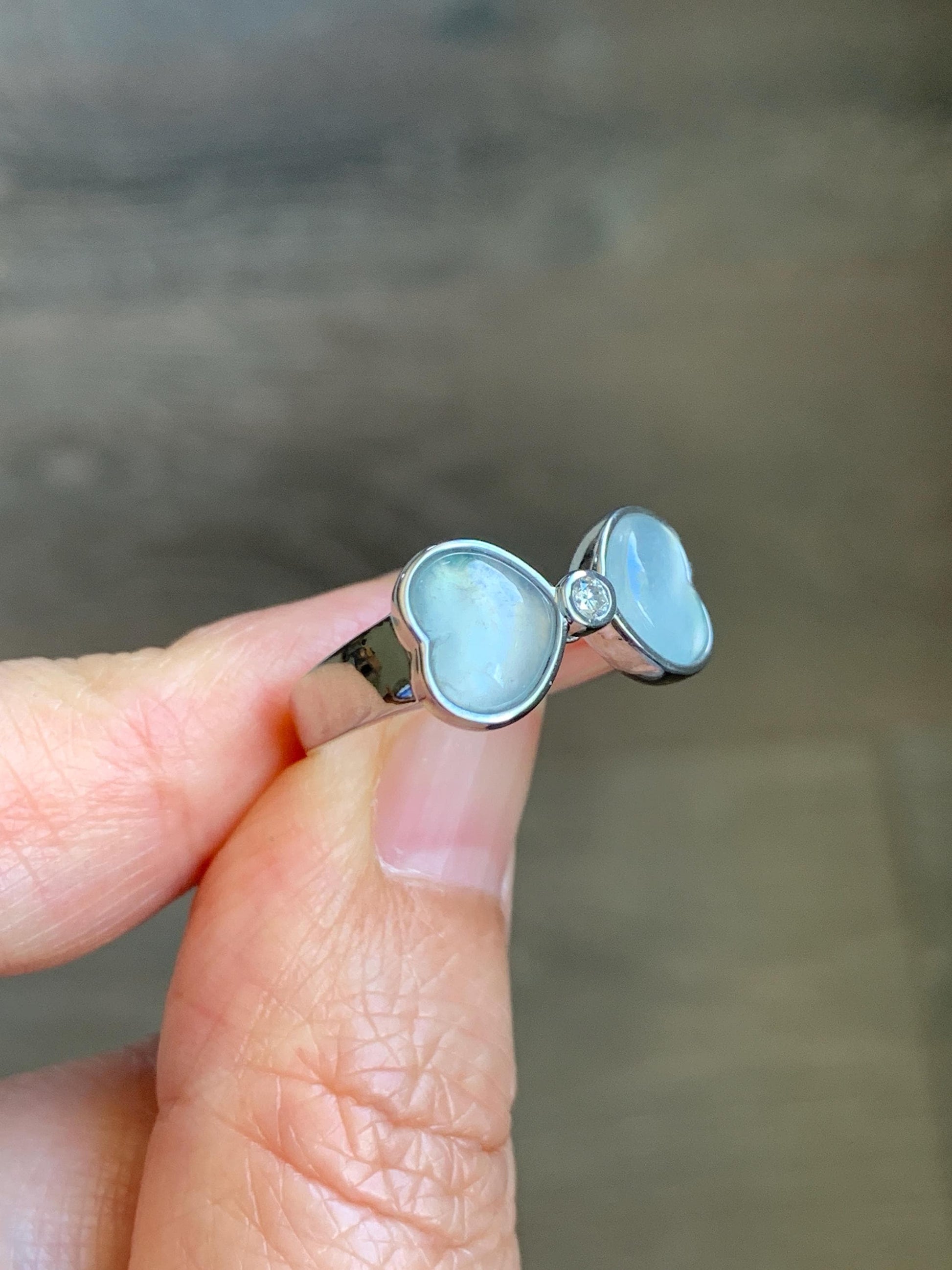 Certified Natural Grade A Icy Highly Translucent White Jade Jadeite Heart Bow Ring Sterling Silver Size 7.25 US 4.2g 天然白冰爱心翡翠蝴蝶结银镶戒指 233