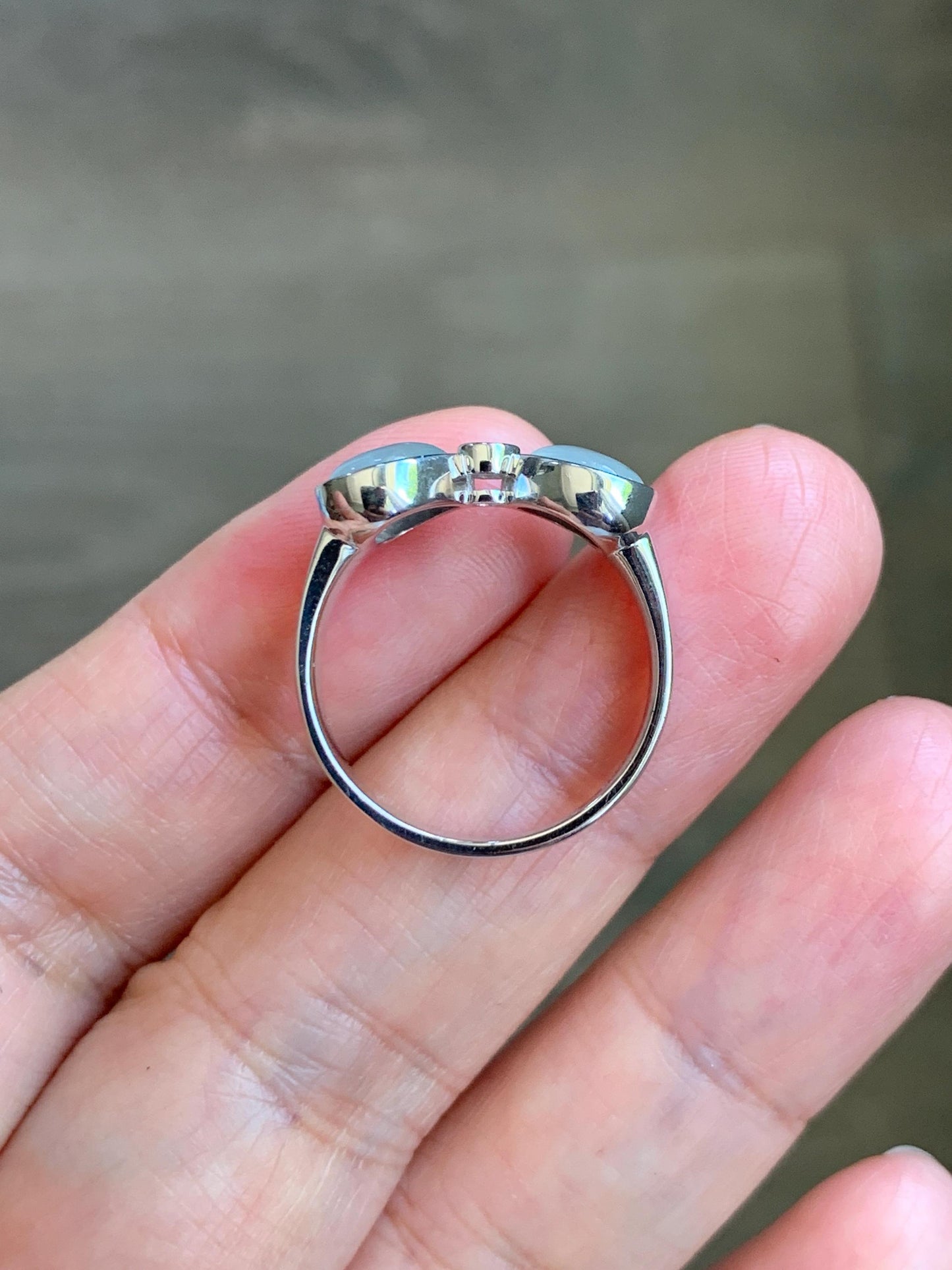 Certified Natural Grade A Icy Highly Translucent White Jade Jadeite Heart Bow Ring Sterling Silver Size 7.25 US 4.2g 天然白冰爱心翡翠蝴蝶结银镶戒指 233