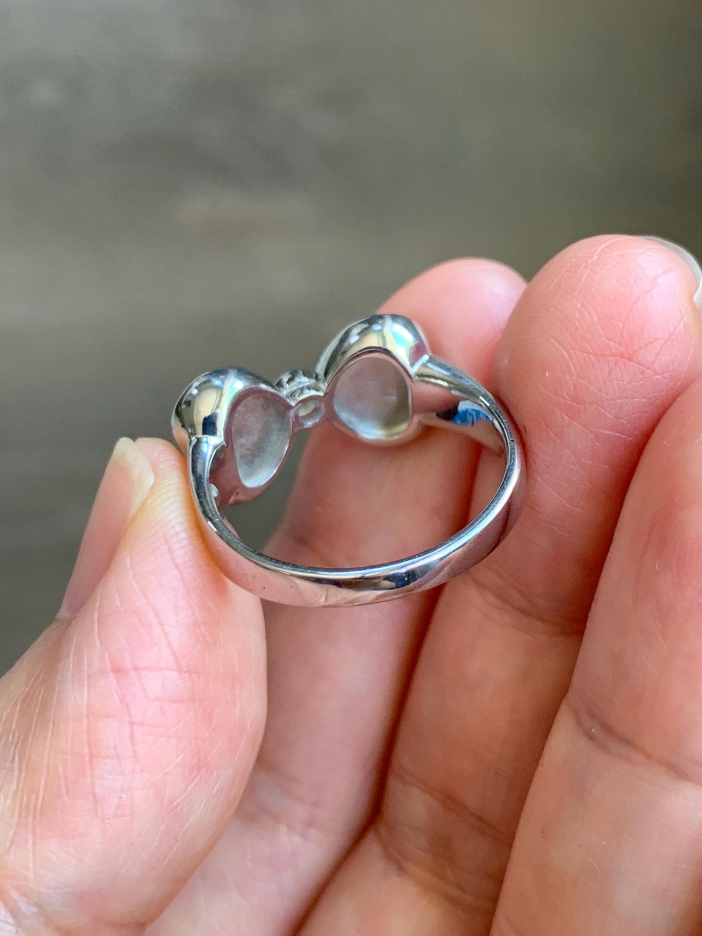 Certified Natural Grade A Icy Highly Translucent White Jade Jadeite Heart Bow Ring Sterling Silver Size 7.25 US 4.2g 天然白冰爱心翡翠蝴蝶结银镶戒指 233
