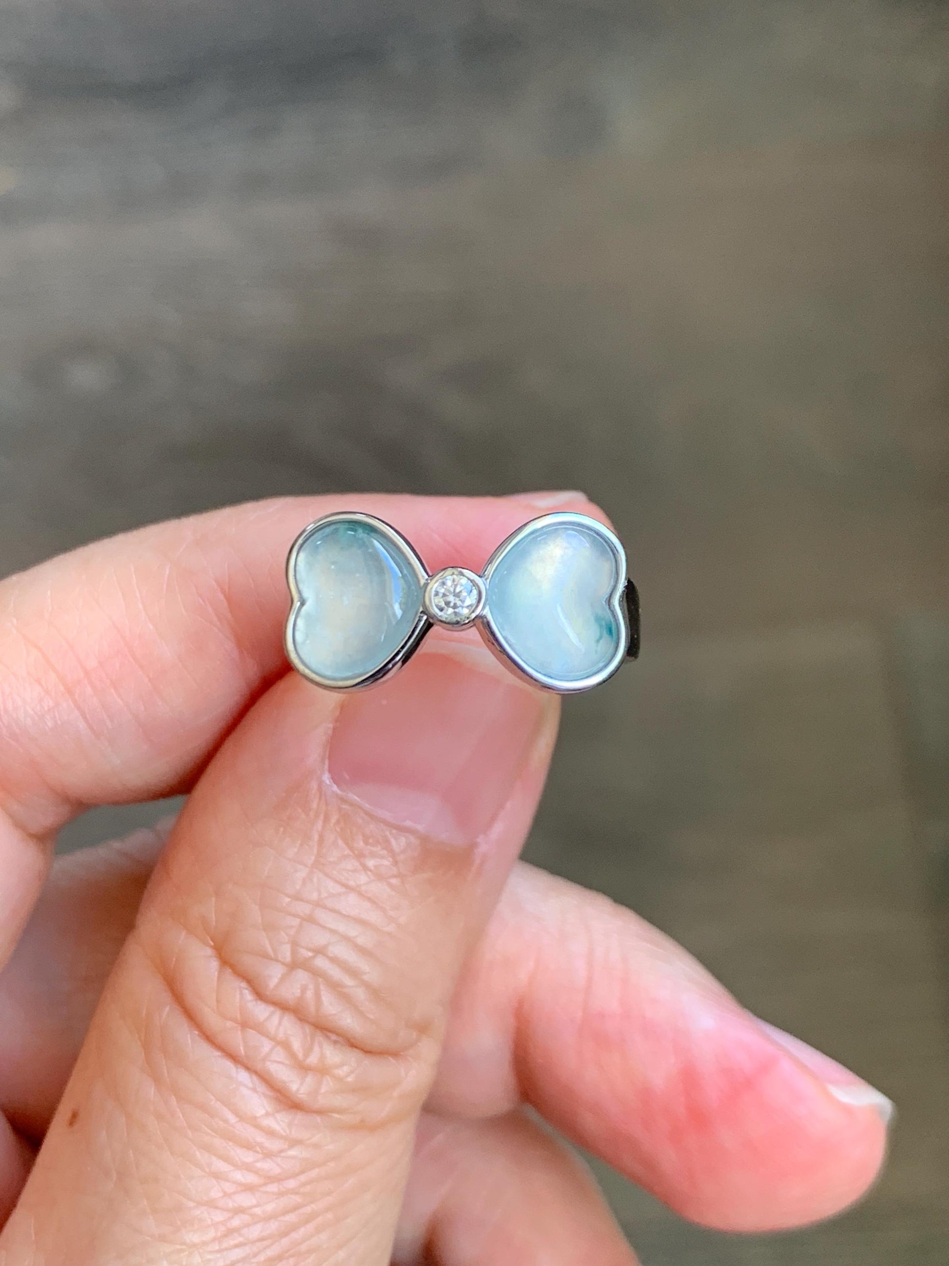Certified Natural Grade A Icy Highly Translucent White Jade Jadeite Heart Bow Ring Sterling Silver Size 7.25 US 4.2g 天然白冰爱心翡翠蝴蝶结银镶戒指 233