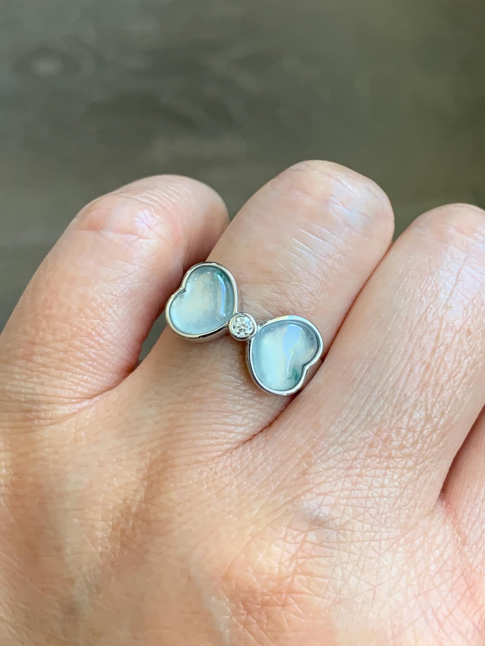 Certified Natural Grade A Icy Highly Translucent White Jade Jadeite Heart Bow Ring Sterling Silver Size 7.25 US 4.2g 天然白冰爱心翡翠蝴蝶结银镶戒指 233