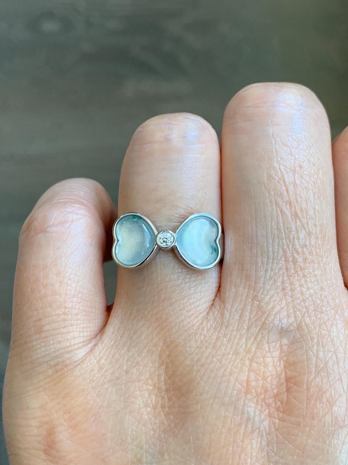 Certified Natural Grade A Icy Highly Translucent White Jade Jadeite Heart Bow Ring Sterling Silver Size 7.25 US 4.2g 天然白冰爱心翡翠蝴蝶结银镶戒指 233
