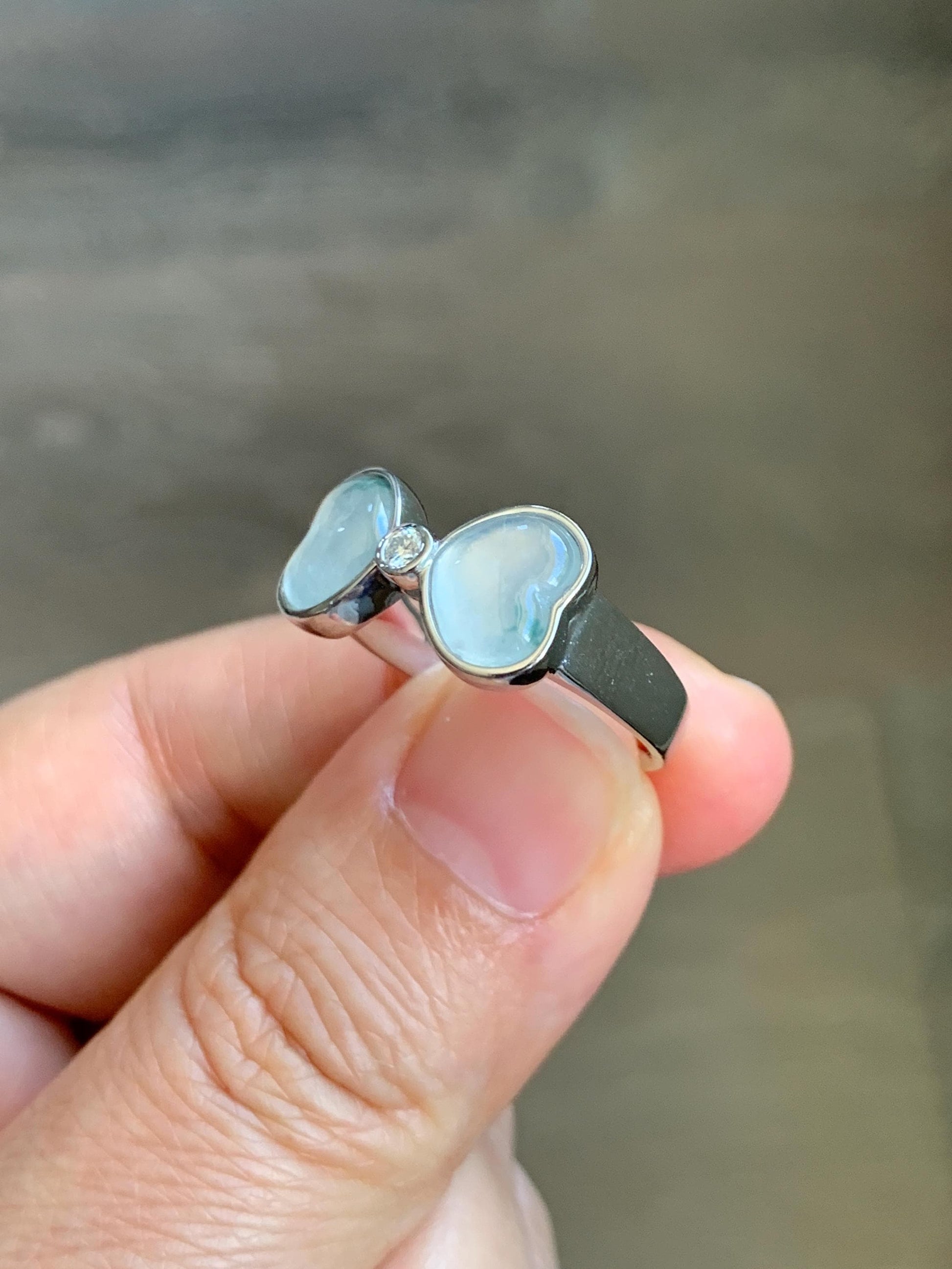 Certified Natural Grade A Icy Highly Translucent White Jade Jadeite Heart Bow Ring Sterling Silver Size 7.25 US 4.2g 天然白冰爱心翡翠蝴蝶结银镶戒指 233