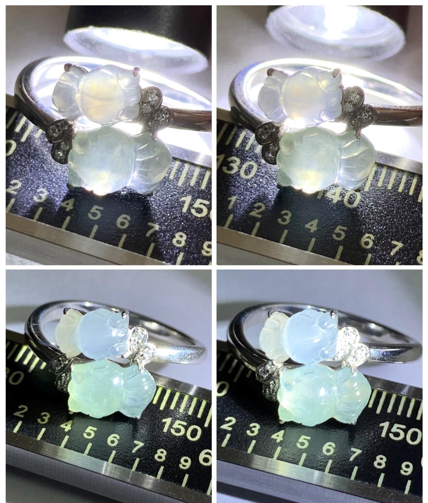 Certified Natural Grade A Icy Highly Translucent White Jade Jadeite Goldfish Bypass Ring Sterling Silver Size 7.25 US 3.15g 天然白晴冰翡翠金鱼银镶戒指224