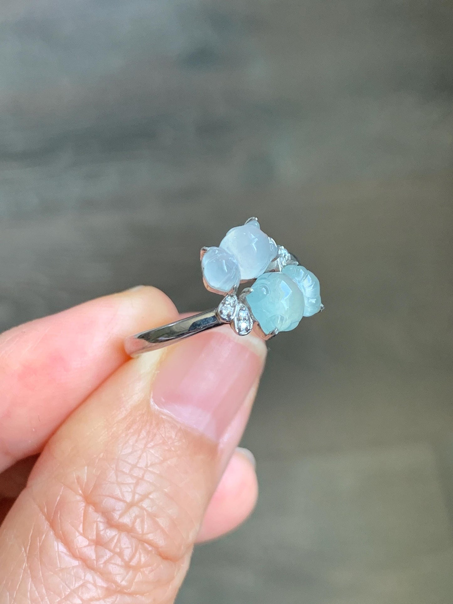 Certified Natural Grade A Icy Highly Translucent White Jade Jadeite Goldfish Bypass Ring Sterling Silver Size 7.25 US 3.15g 天然白晴冰翡翠金鱼银镶戒指224