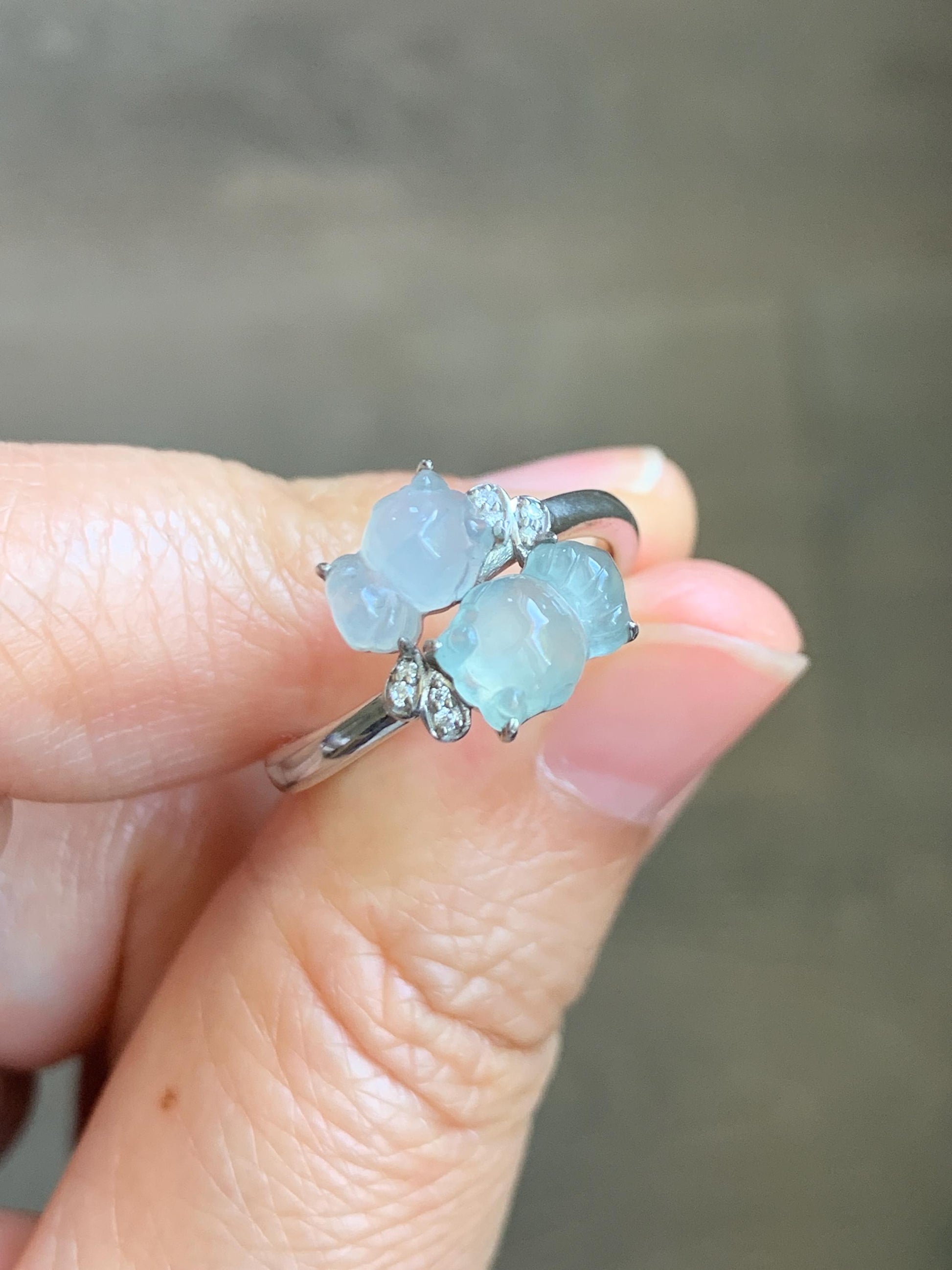 Certified Natural Grade A Icy Highly Translucent White Jade Jadeite Goldfish Bypass Ring Sterling Silver Size 7.25 US 3.15g 天然白晴冰翡翠金鱼银镶戒指224