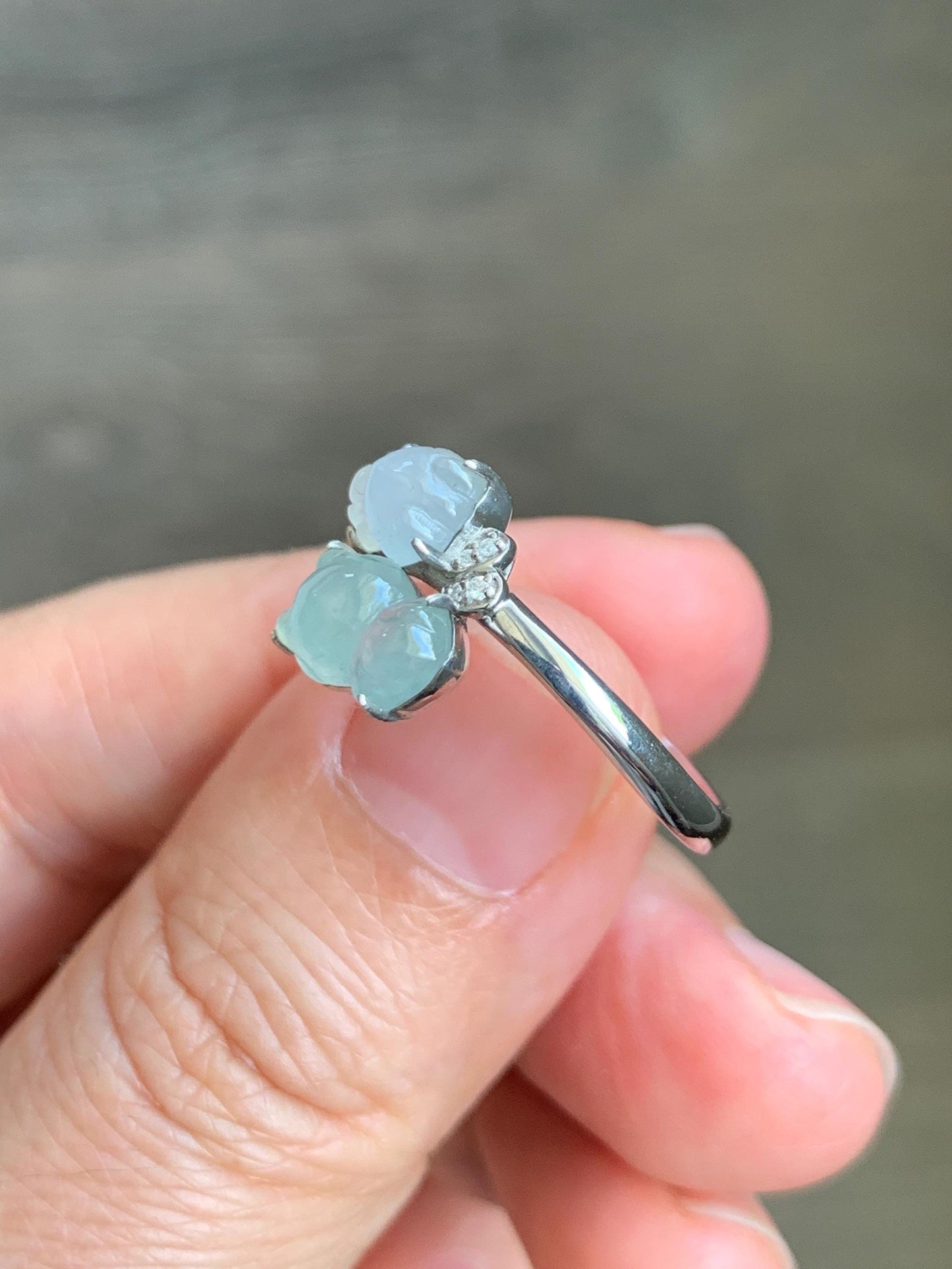 Certified Natural Grade A Icy Highly Translucent White Jade Jadeite Goldfish Bypass Ring Sterling Silver Size 7.25 US 3.15g 天然白晴冰翡翠金鱼银镶戒指224