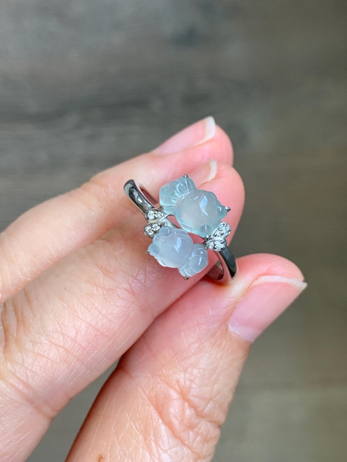 Certified Natural Grade A Icy Highly Translucent White Jade Jadeite Goldfish Bypass Ring Sterling Silver Size 7.25 US 3.15g 天然白晴冰翡翠金鱼银镶戒指224