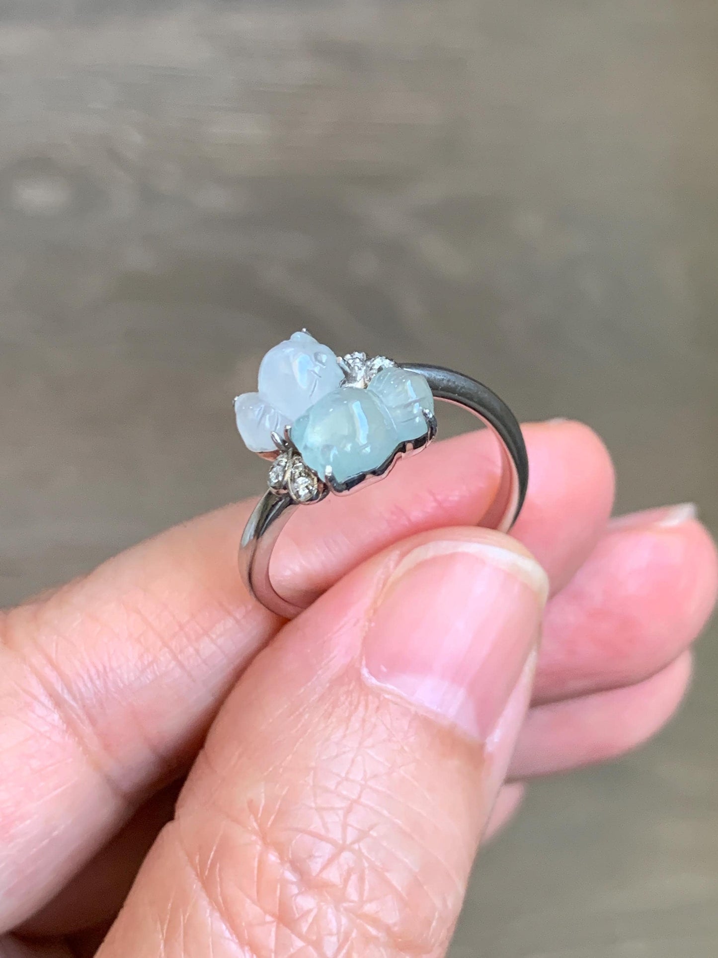 Certified Natural Grade A Icy Highly Translucent White Jade Jadeite Goldfish Bypass Ring Sterling Silver Size 7.25 US 3.15g 天然白晴冰翡翠金鱼银镶戒指224