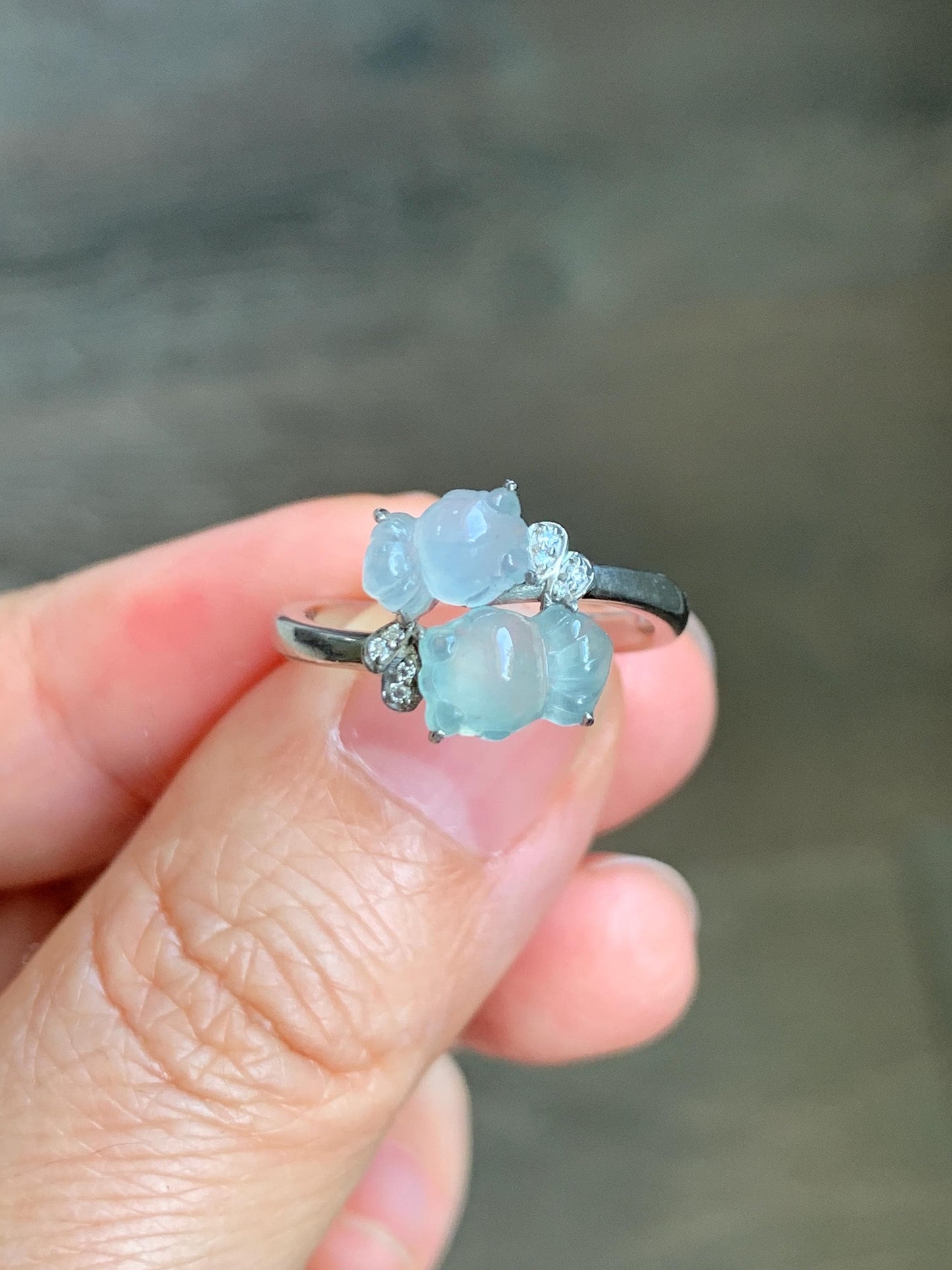 Certified Natural Grade A Icy Highly Translucent White Jade Jadeite Goldfish Bypass Ring Sterling Silver Size 7.25 US 3.15g 天然白晴冰翡翠金鱼银镶戒指224