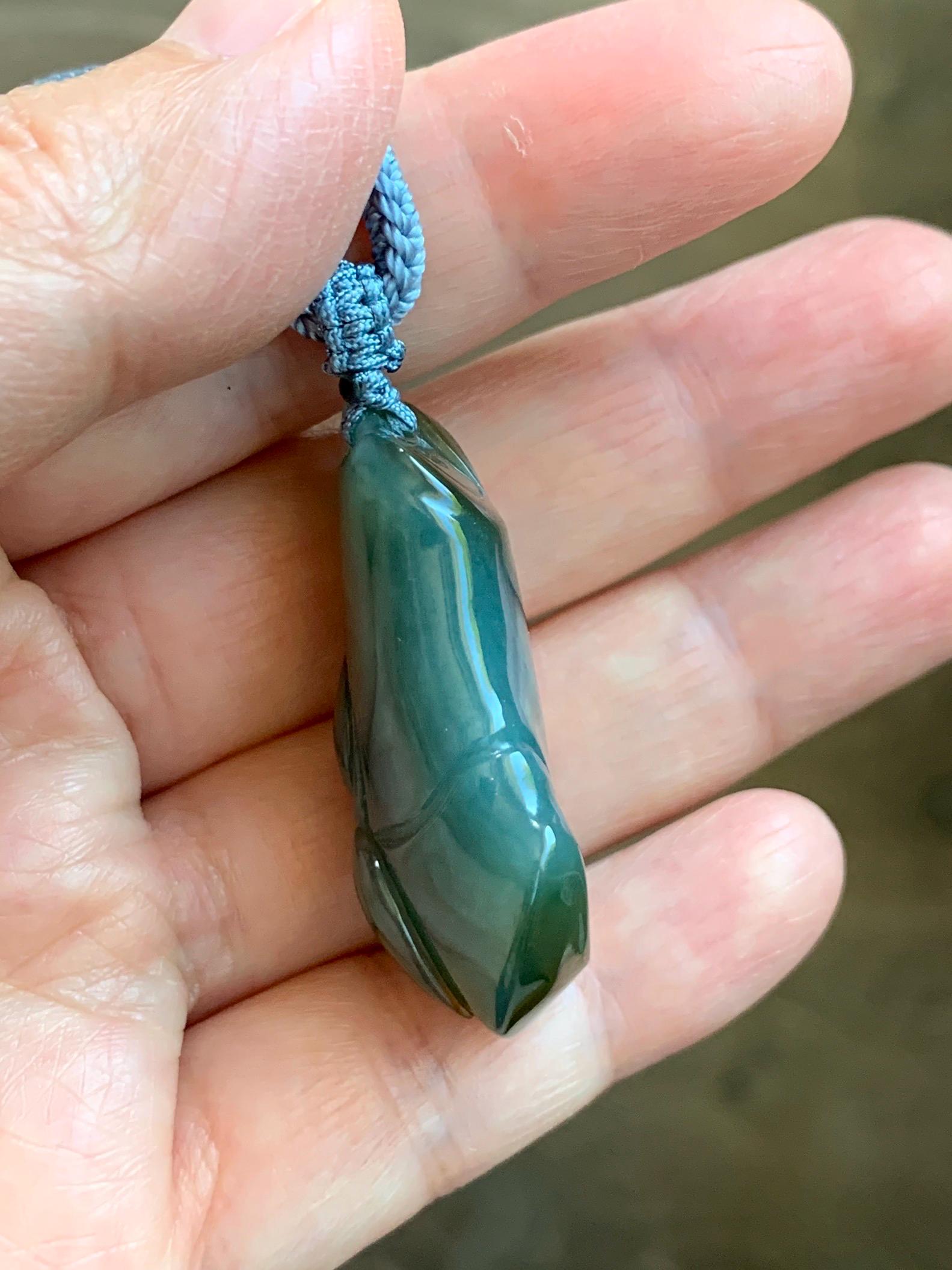 Natural Grade A Guatemalan Icy Translucent Dark Blue Yellow Marbled Jade Jadeite Bamboo Pendant Rope Necklace 27” 21g 天然冰危深蓝撒金翡翠竹节吊坠 WZJ165
