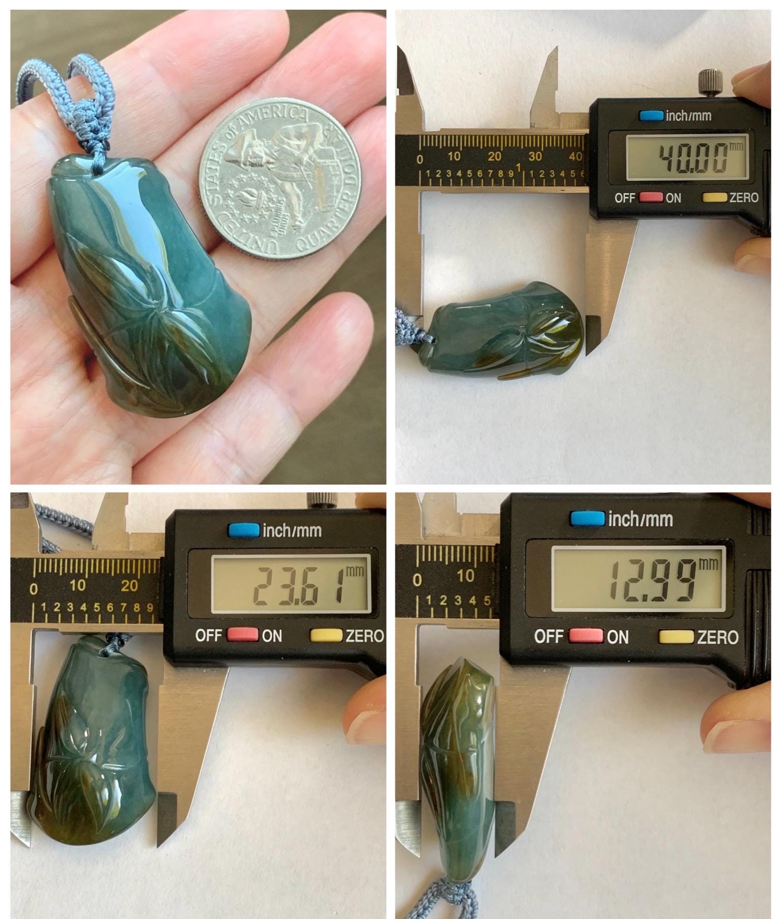 Natural Grade A Guatemalan Icy Translucent Dark Blue Yellow Marbled Jade Jadeite Bamboo Pendant Rope Necklace 27” 21g 天然冰危深蓝撒金翡翠竹节吊坠 WZJ165