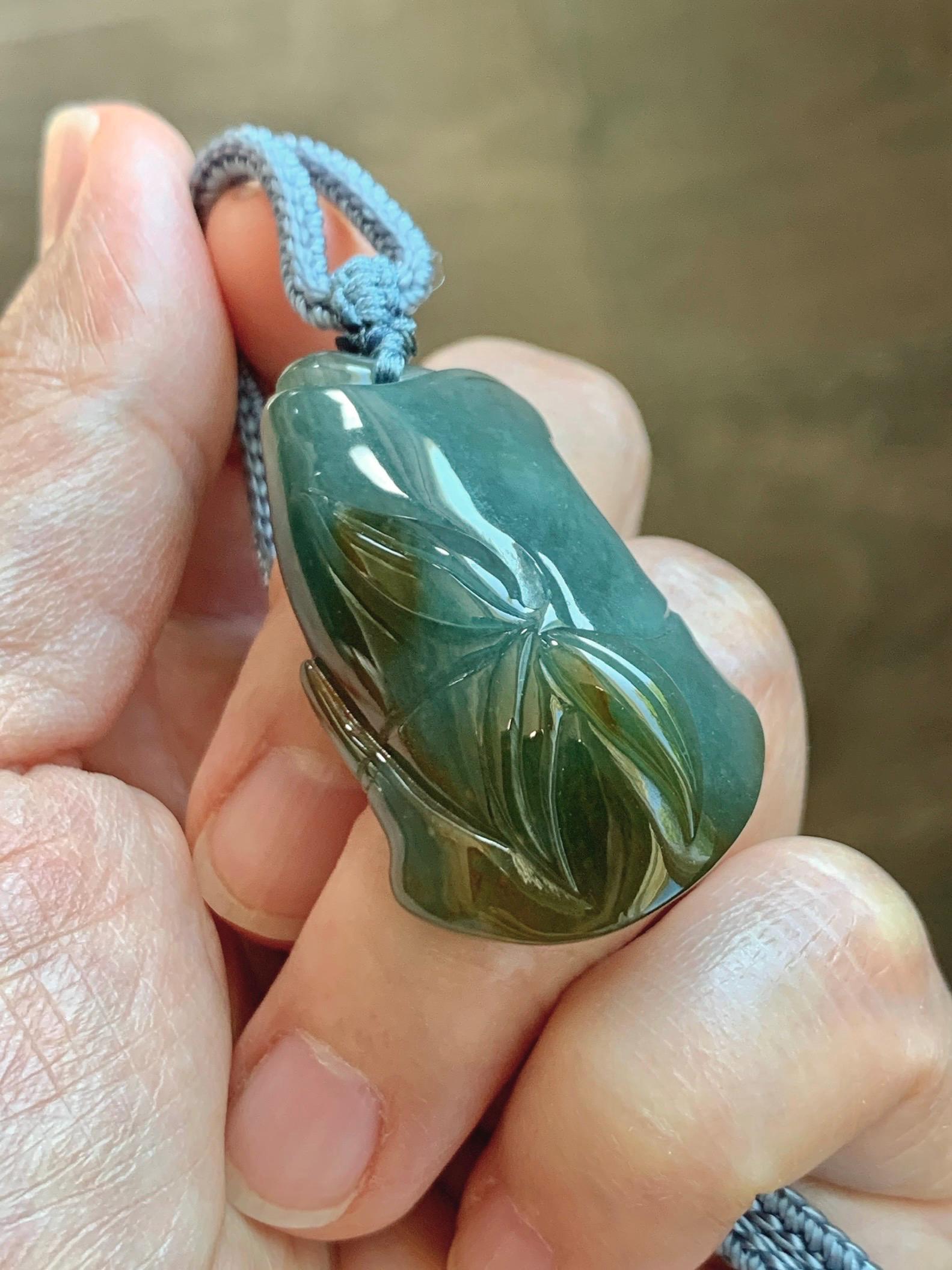 Natural Grade A Guatemalan Icy Translucent Dark Blue Yellow Marbled Jade Jadeite Bamboo Pendant Rope Necklace 27” 21g 天然冰危深蓝撒金翡翠竹节吊坠 WZJ165