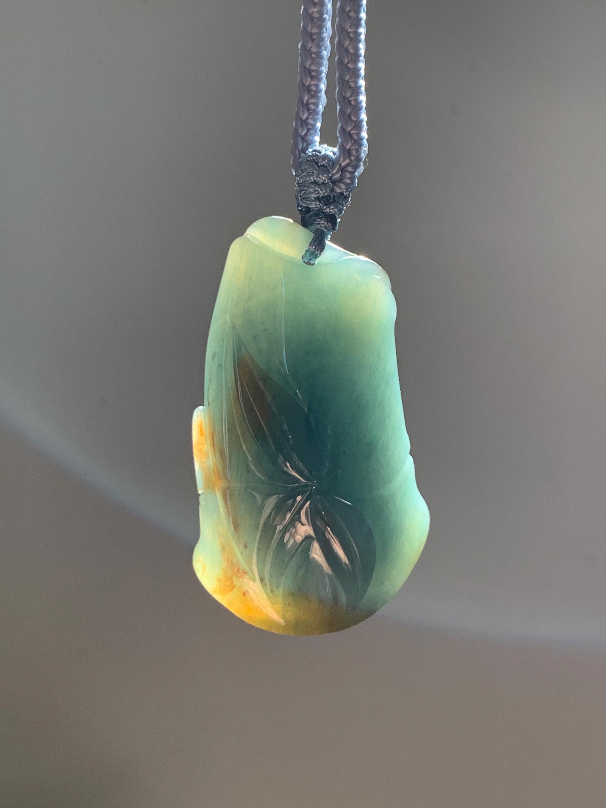 Natural Grade A Guatemalan Icy Translucent Dark Blue Yellow Marbled Jade Jadeite Bamboo Pendant Rope Necklace 27” 21g 天然冰危深蓝撒金翡翠竹节吊坠 WZJ165