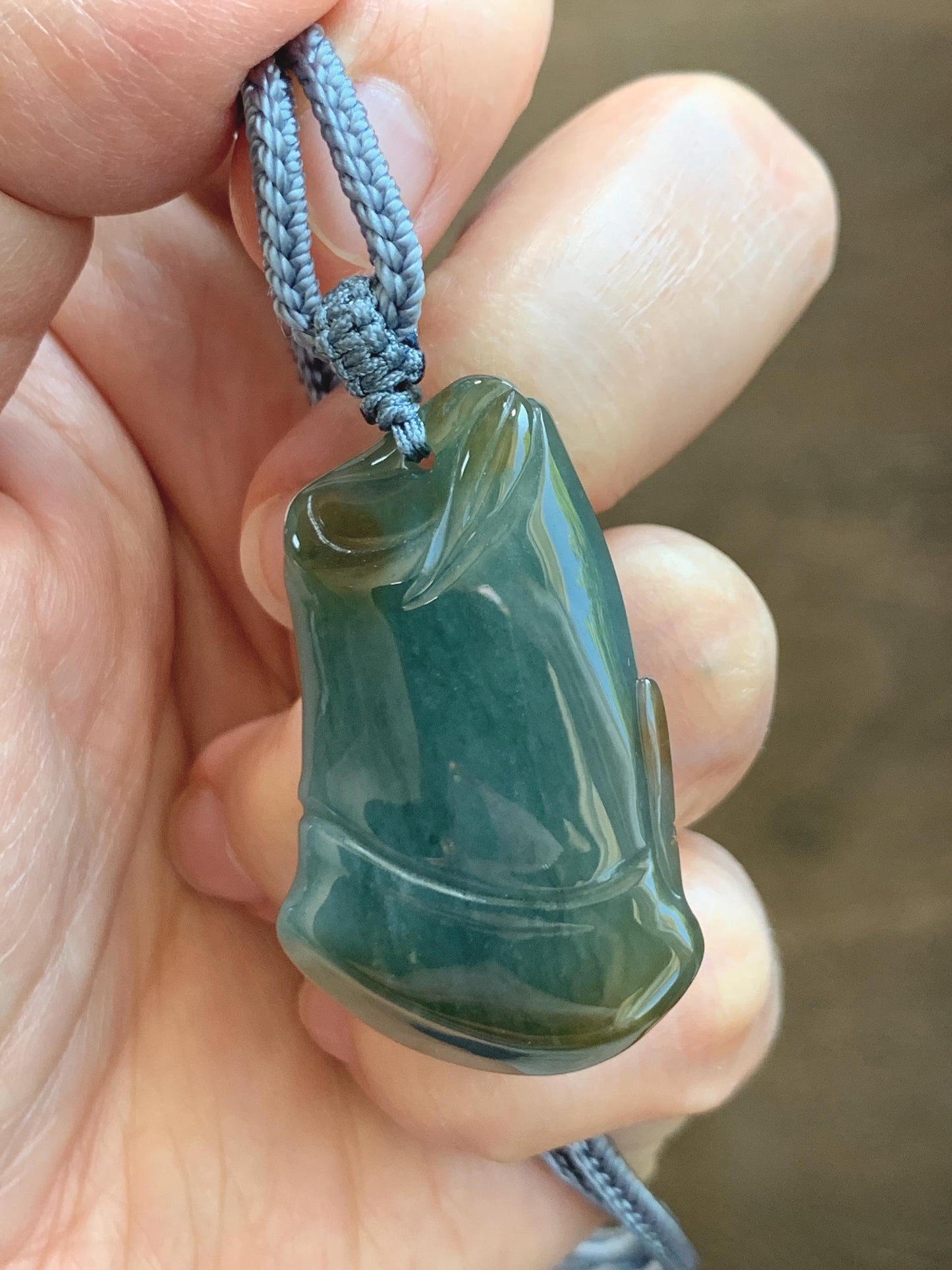 Natural Grade A Guatemalan Icy Translucent Dark Blue Yellow Marbled Jade Jadeite Bamboo Pendant Rope Necklace 27” 21g 天然冰危深蓝撒金翡翠竹节吊坠 WZJ165