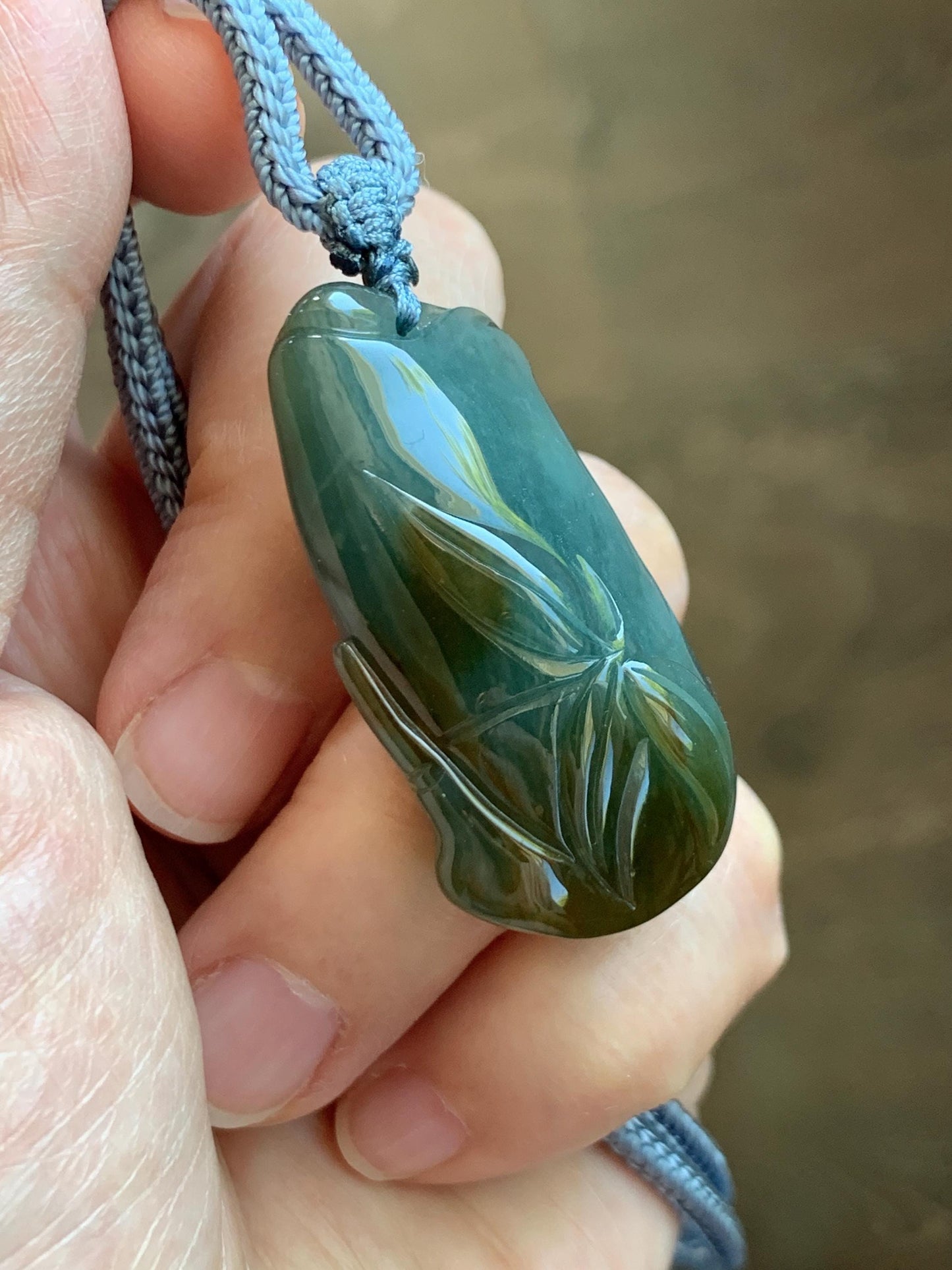 Natural Grade A Guatemalan Icy Translucent Dark Blue Yellow Marbled Jade Jadeite Bamboo Pendant Rope Necklace 27” 21g 天然冰危深蓝撒金翡翠竹节吊坠 WZJ165