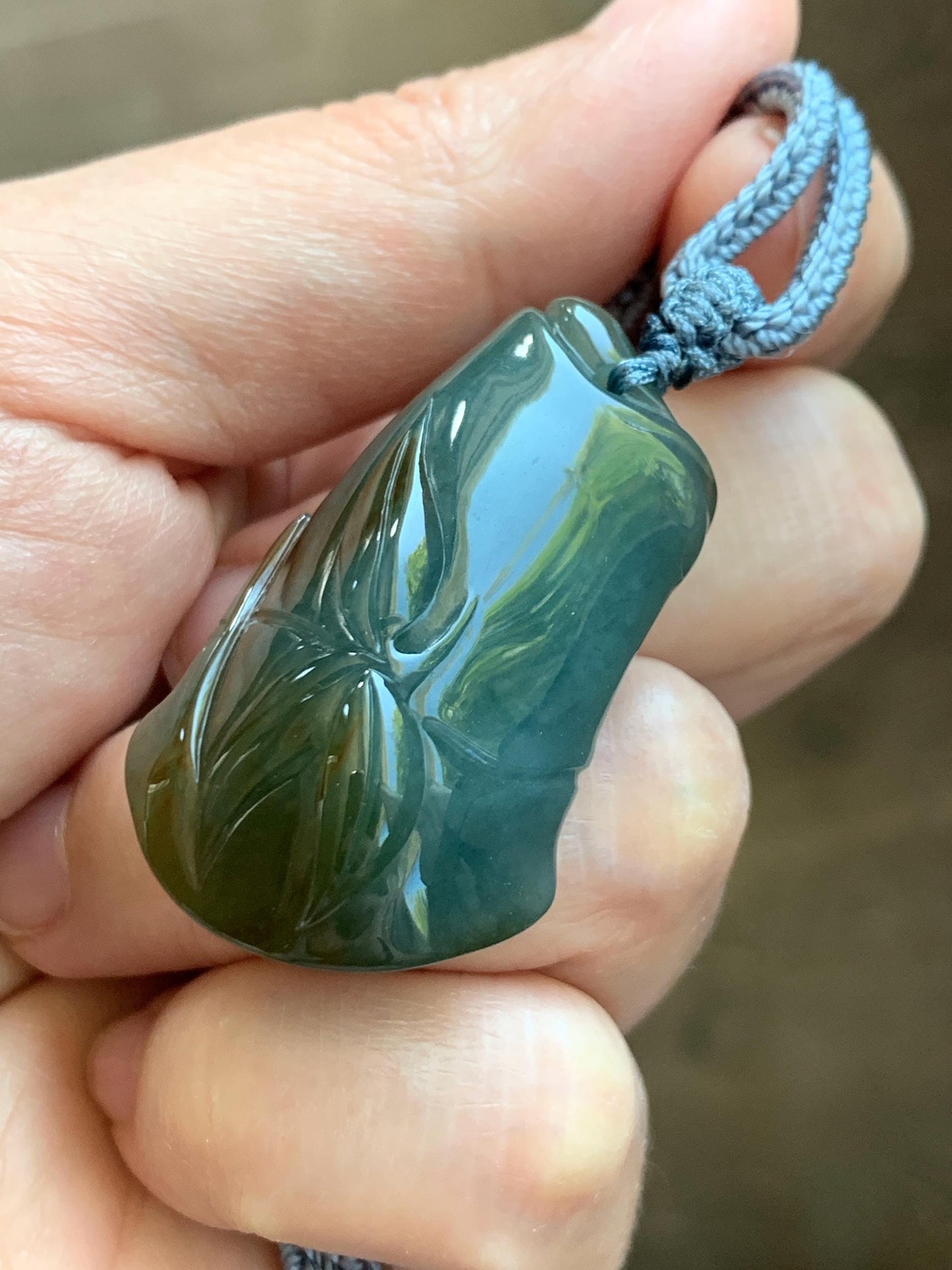 Natural Grade A Guatemalan Icy Translucent Dark Blue Yellow Marbled Jade Jadeite Bamboo Pendant Rope Necklace 27” 21g 天然冰危深蓝撒金翡翠竹节吊坠 WZJ165