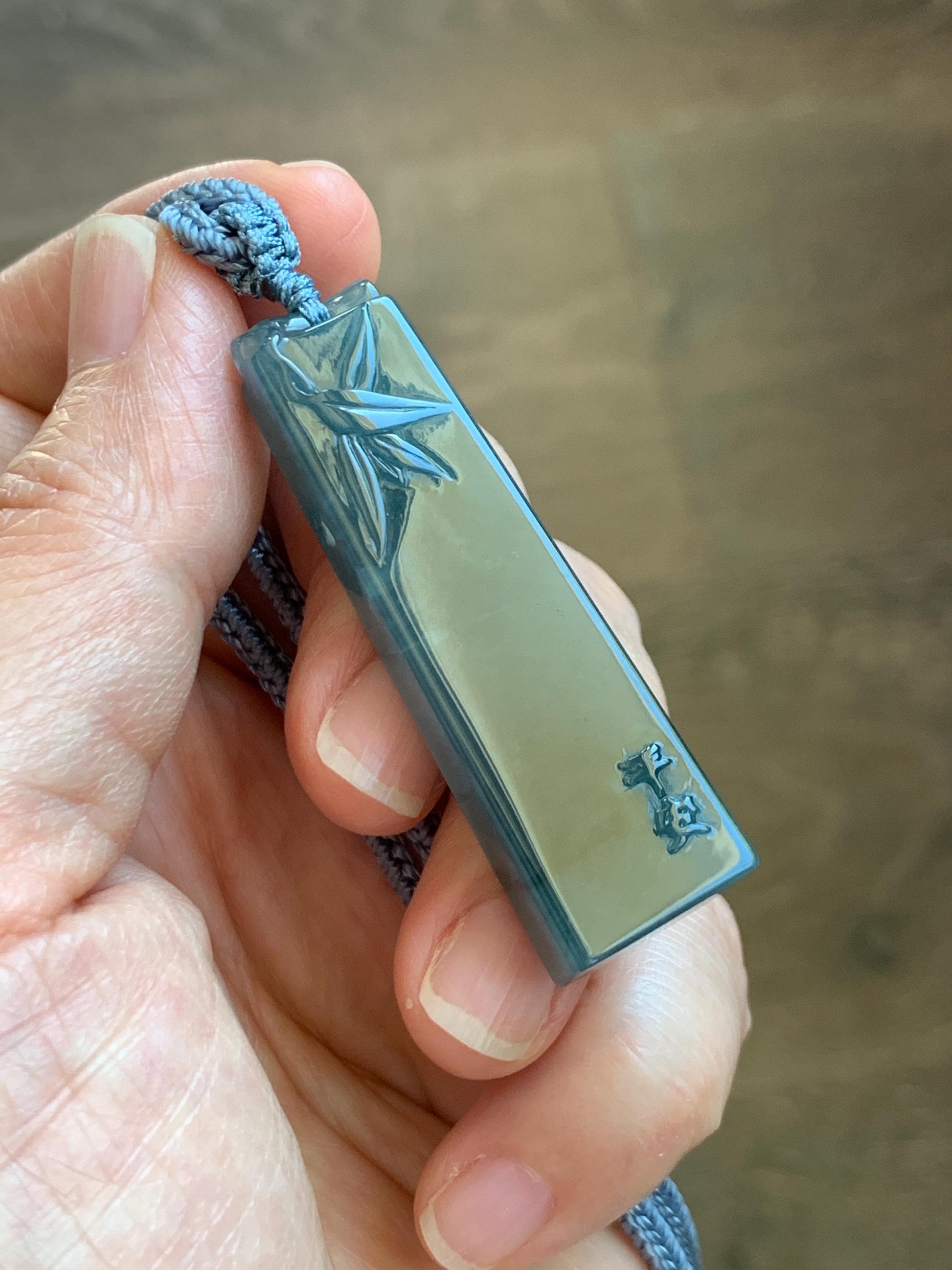 Natural Grade A Guatemalan Icy Translucent Dark Dusty Blue Jade Jadeite Rectangular Pillar Pendant Rope Necklace 27” 18g 天然冰危深蓝翡翠方柱吊坠WZJ88