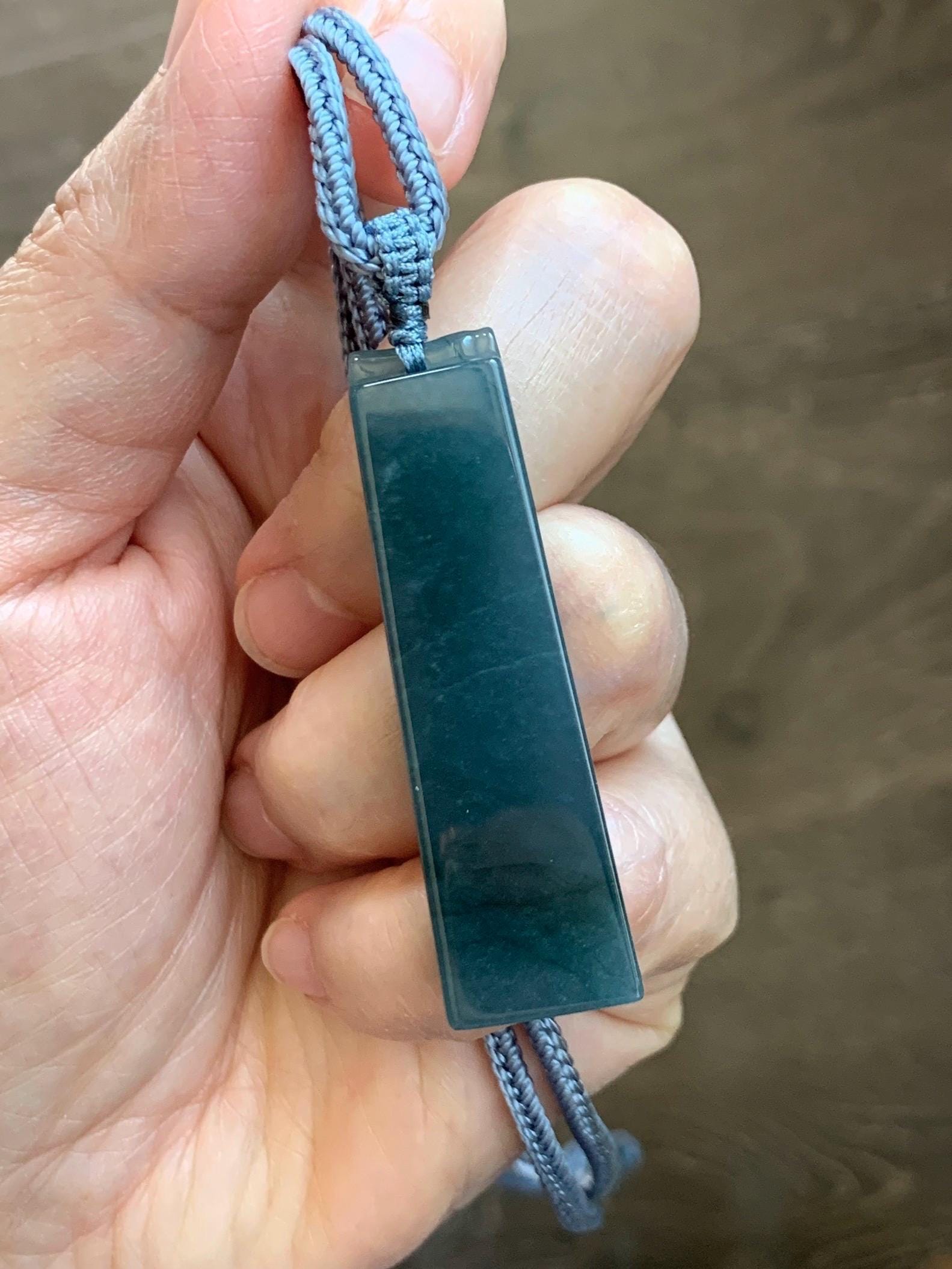 Natural Grade A Guatemalan Icy Translucent Dark Dusty Blue Jade Jadeite Rectangular Pillar Pendant Rope Necklace 27” 18g 天然冰危深蓝翡翠方柱吊坠WZJ88