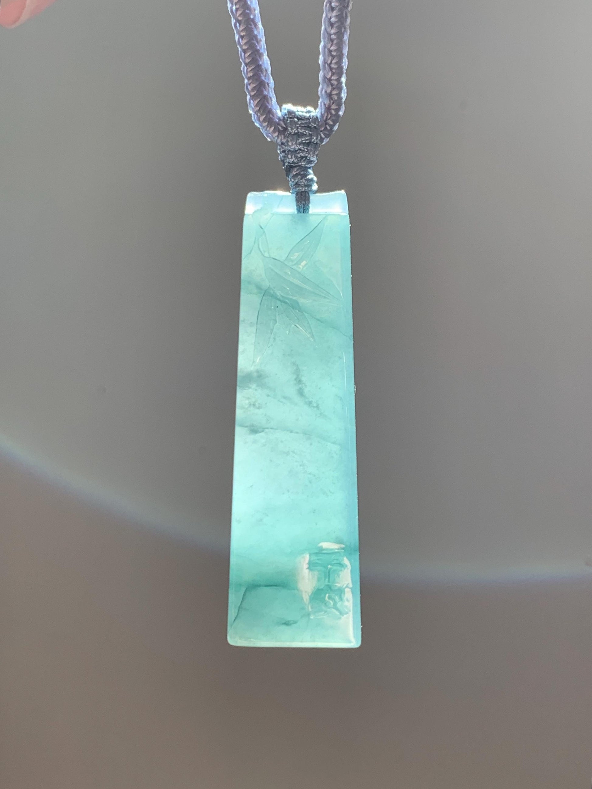 Natural Grade A Guatemalan Icy Translucent Dark Dusty Blue Jade Jadeite Rectangular Pillar Pendant Rope Necklace 27” 18g 天然冰危深蓝翡翠方柱吊坠WZJ88