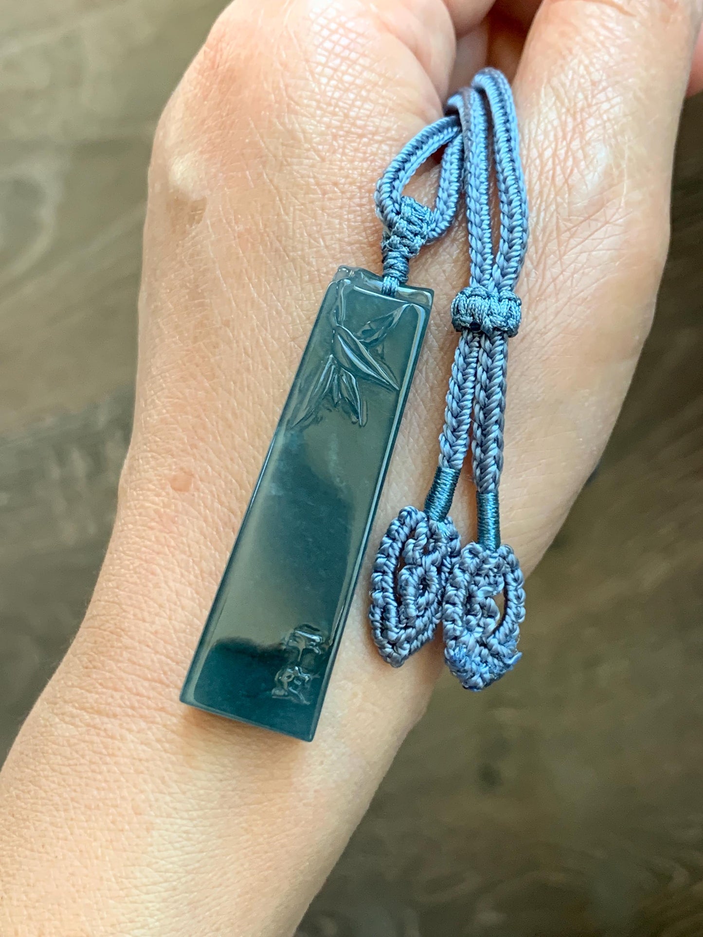 Natural Grade A Guatemalan Icy Translucent Dark Dusty Blue Jade Jadeite Rectangular Pillar Pendant Rope Necklace 27” 18g 天然冰危深蓝翡翠方柱吊坠WZJ88