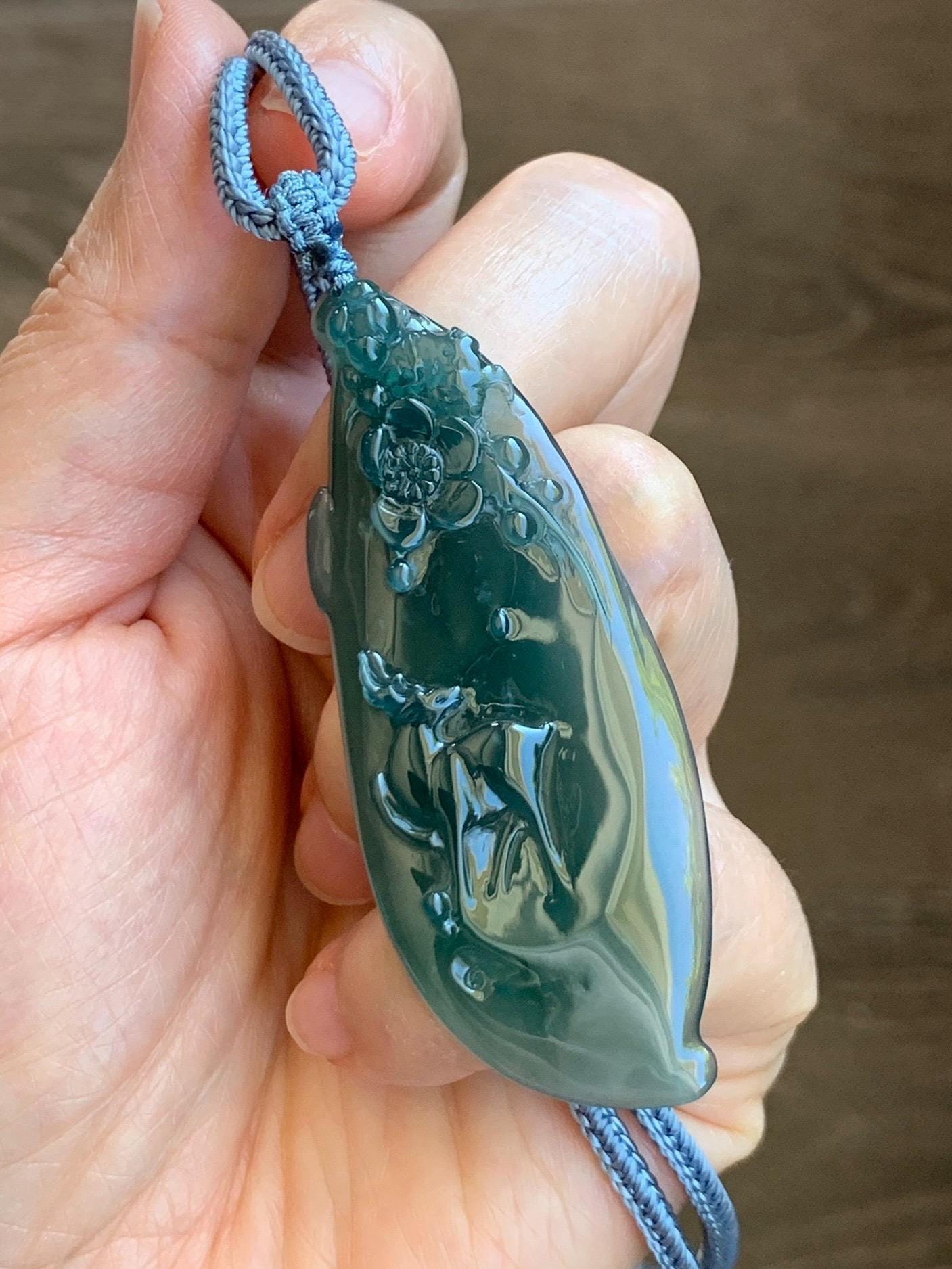 Natural Grade A Guatemalan Icy Translucent Dark Teal Green Jade Jadeite Deer Cherry Blossom Pendant Rope Necklace 27” 天然冰胶危深蓝绿翡翠梅花鹿吊坠 WML220