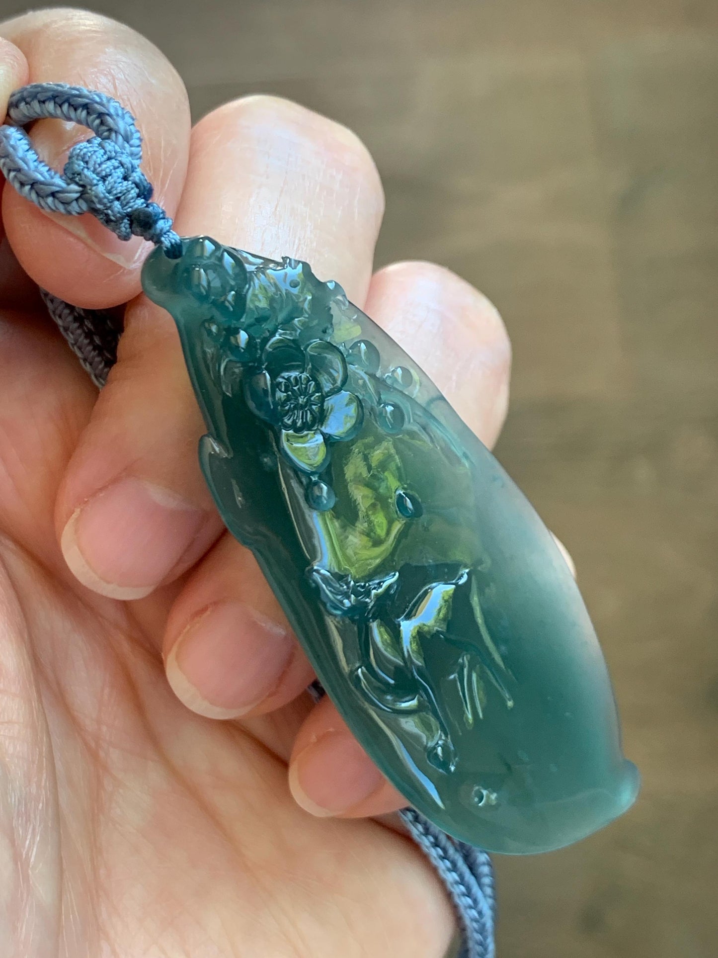 Natural Grade A Guatemalan Icy Translucent Dark Teal Green Jade Jadeite Deer Cherry Blossom Pendant Rope Necklace 27” 天然冰胶危深蓝绿翡翠梅花鹿吊坠 WML220