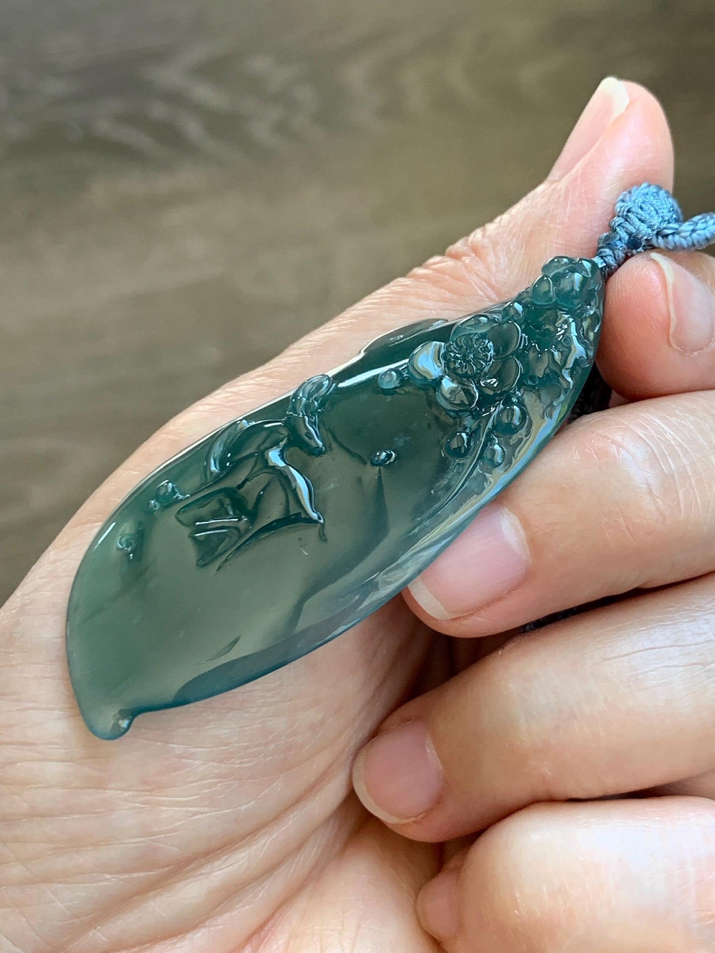 Natural Grade A Guatemalan Icy Translucent Dark Teal Green Jade Jadeite Deer Cherry Blossom Pendant Rope Necklace 27” 天然冰胶危深蓝绿翡翠梅花鹿吊坠 WML220