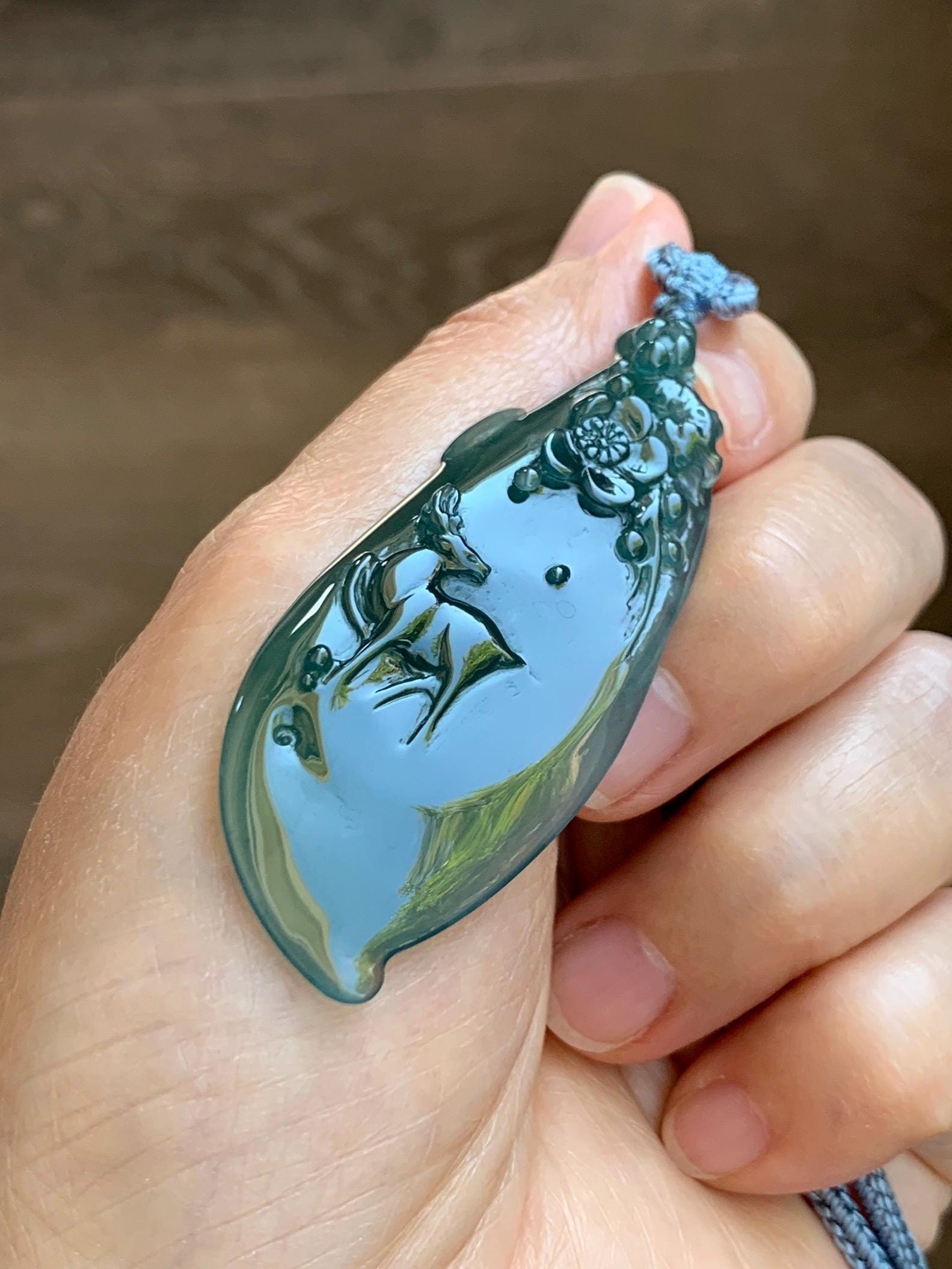 Natural Grade A Guatemalan Icy Translucent Dark Teal Green Jade Jadeite Deer Cherry Blossom Pendant Rope Necklace 27” 天然冰胶危深蓝绿翡翠梅花鹿吊坠 WML220