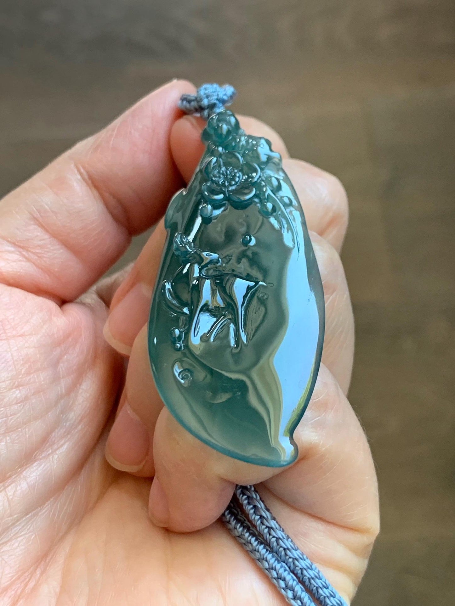 Natural Grade A Guatemalan Icy Translucent Dark Teal Green Jade Jadeite Deer Cherry Blossom Pendant Rope Necklace 27” 天然冰胶危深蓝绿翡翠梅花鹿吊坠 WML220