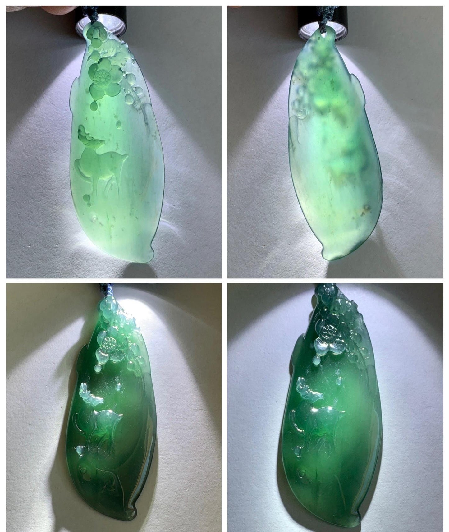 Natural Grade A Guatemalan Icy Translucent Dark Teal Green Jade Jadeite Deer Cherry Blossom Pendant Rope Necklace 27” 天然冰胶危深蓝绿翡翠梅花鹿吊坠 WML220