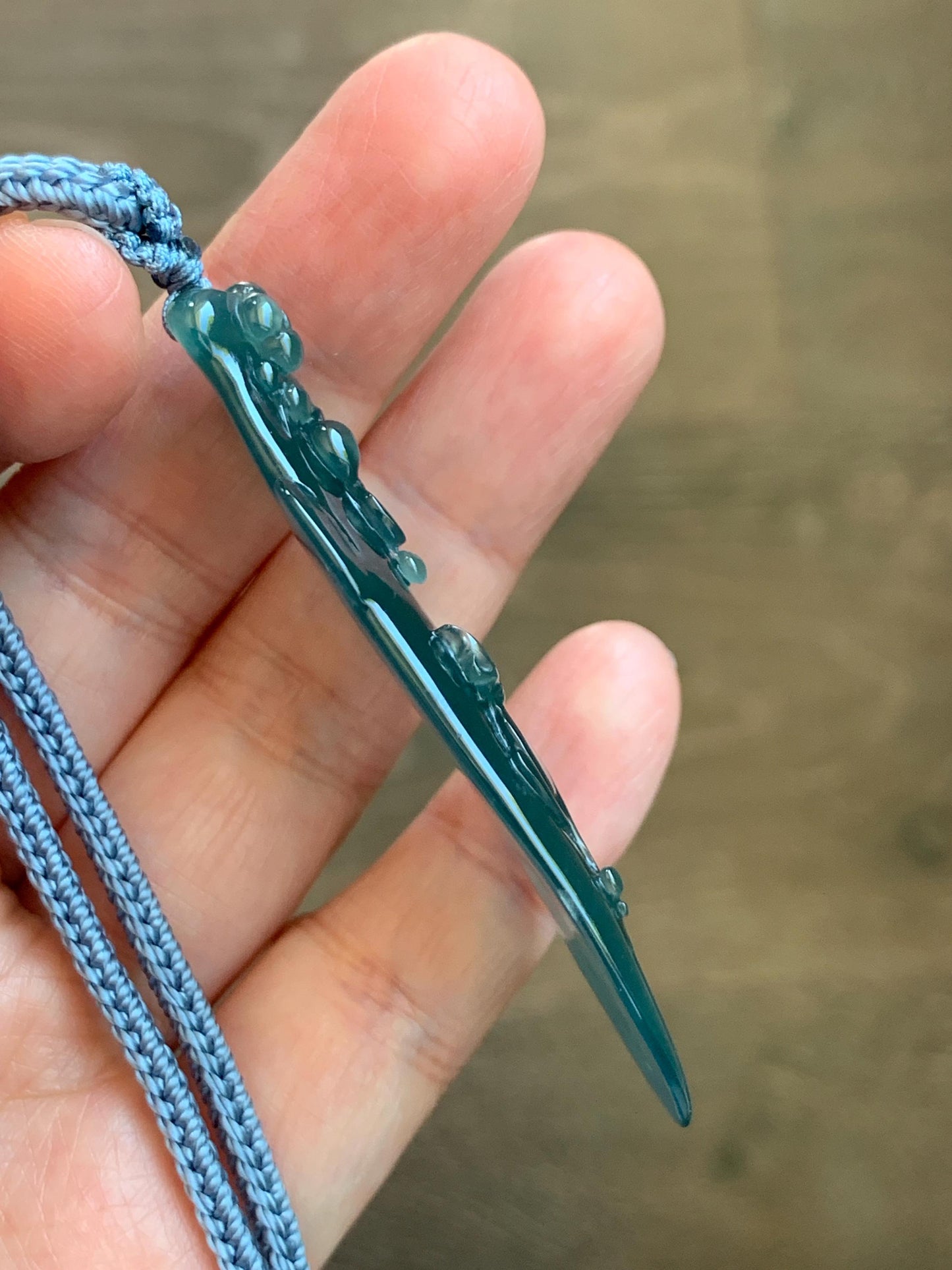 Natural Grade A Guatemalan Icy Translucent Dark Teal Green Jade Jadeite Deer Cherry Blossom Pendant Rope Necklace 27” 天然冰胶危深蓝绿翡翠梅花鹿吊坠 WML220