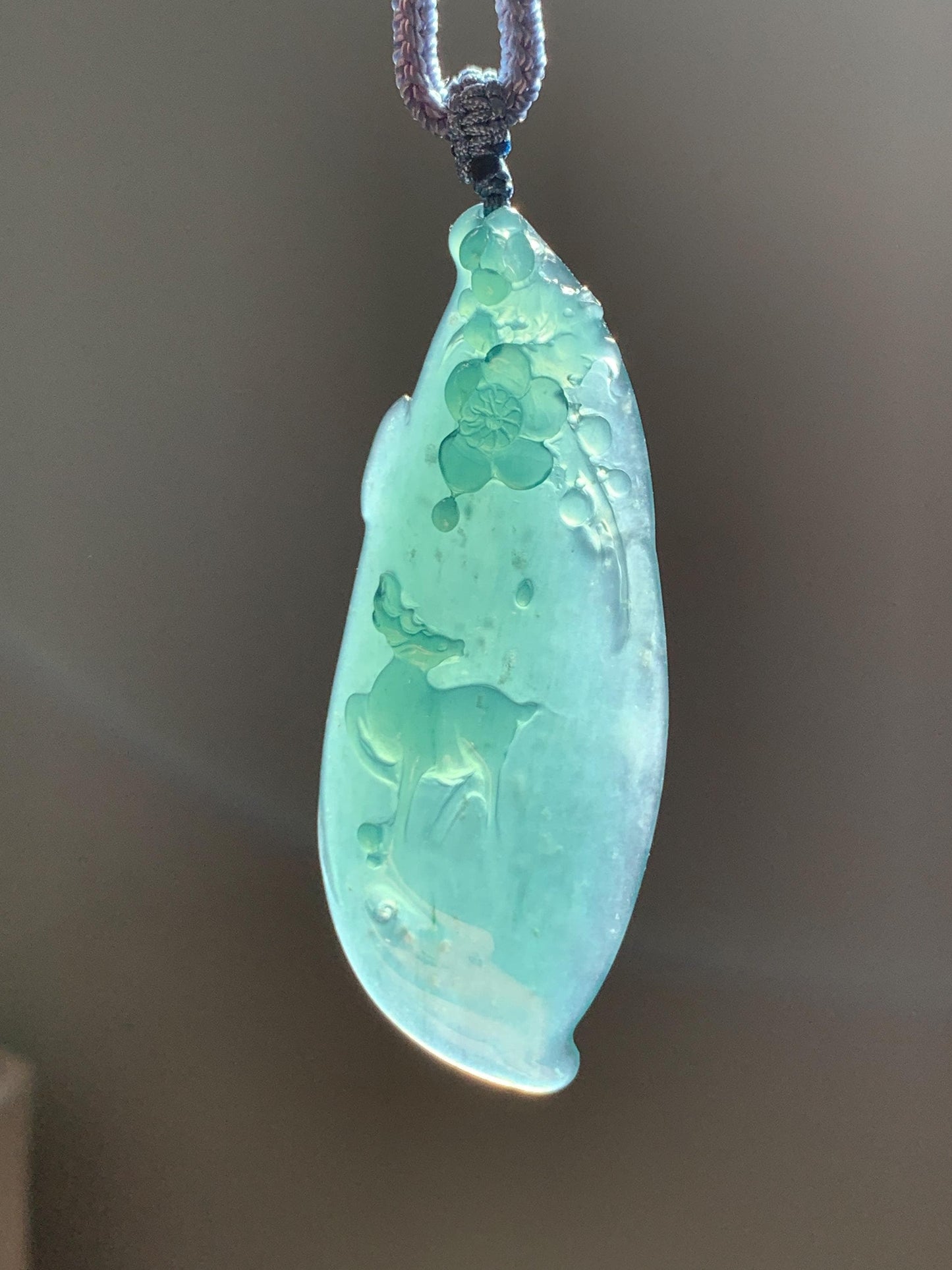 Natural Grade A Guatemalan Icy Translucent Dark Teal Green Jade Jadeite Deer Cherry Blossom Pendant Rope Necklace 27” 天然冰胶危深蓝绿翡翠梅花鹿吊坠 WML220