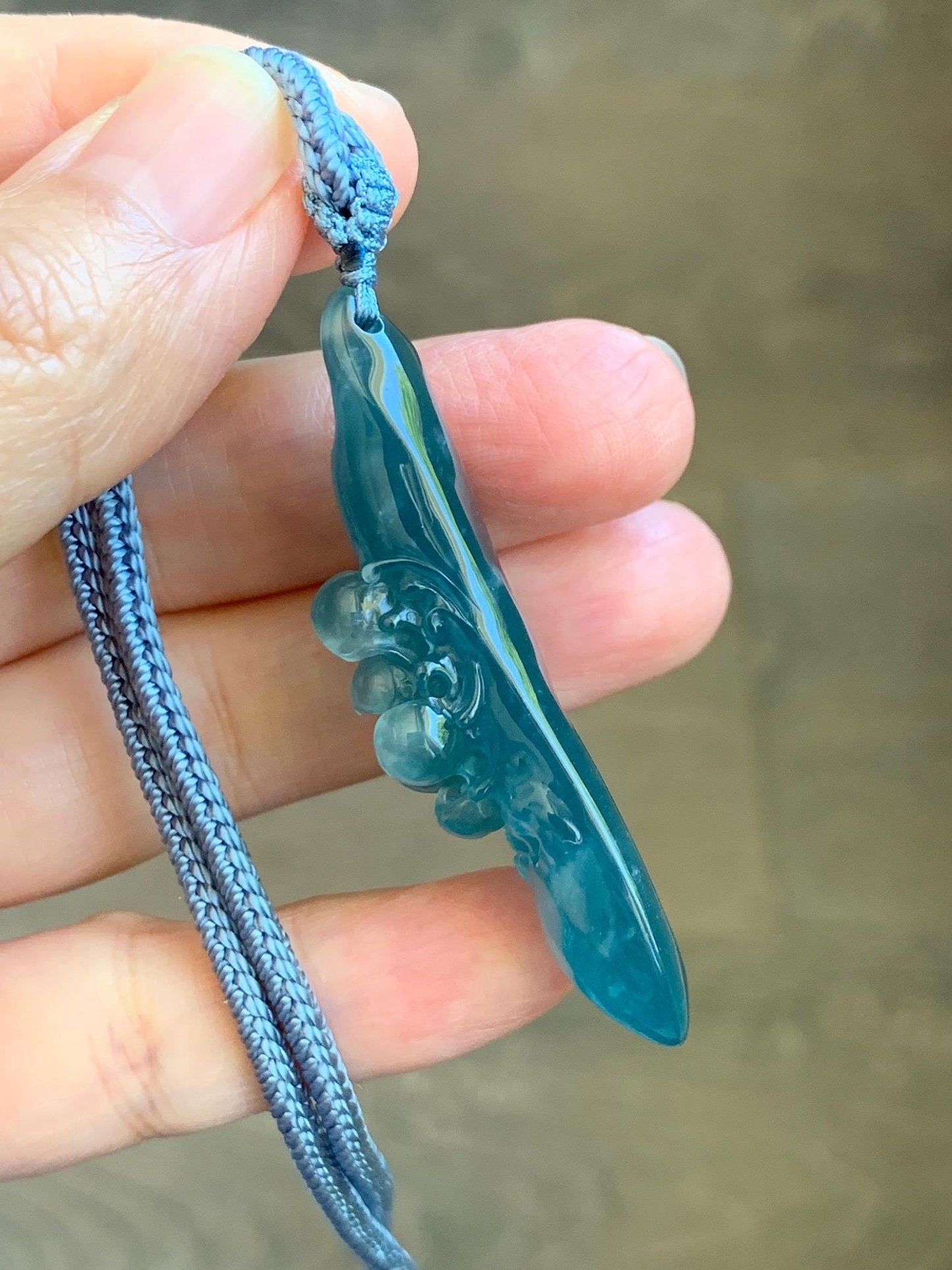 Certified Natural Grade A Guatemalan Icy Dark Teal Blue Jade Jadeite Lotus Flower Koi Fish Pendant Rope Necklace 27” 18g 天然冰危蓝绿翡翠莲花鱼吊坠 1159