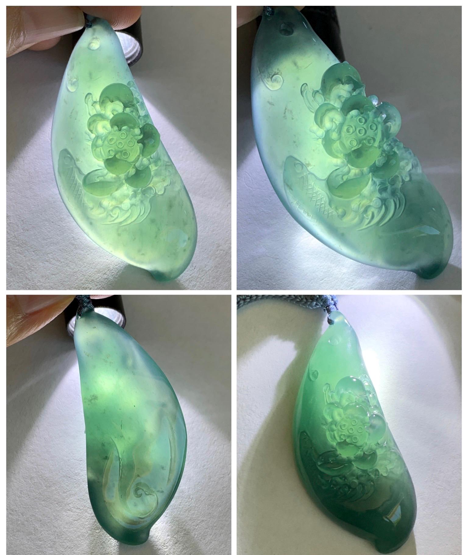 Certified Natural Grade A Guatemalan Icy Dark Teal Blue Jade Jadeite Lotus Flower Koi Fish Pendant Rope Necklace 27” 18g 天然冰危蓝绿翡翠莲花鱼吊坠 1159