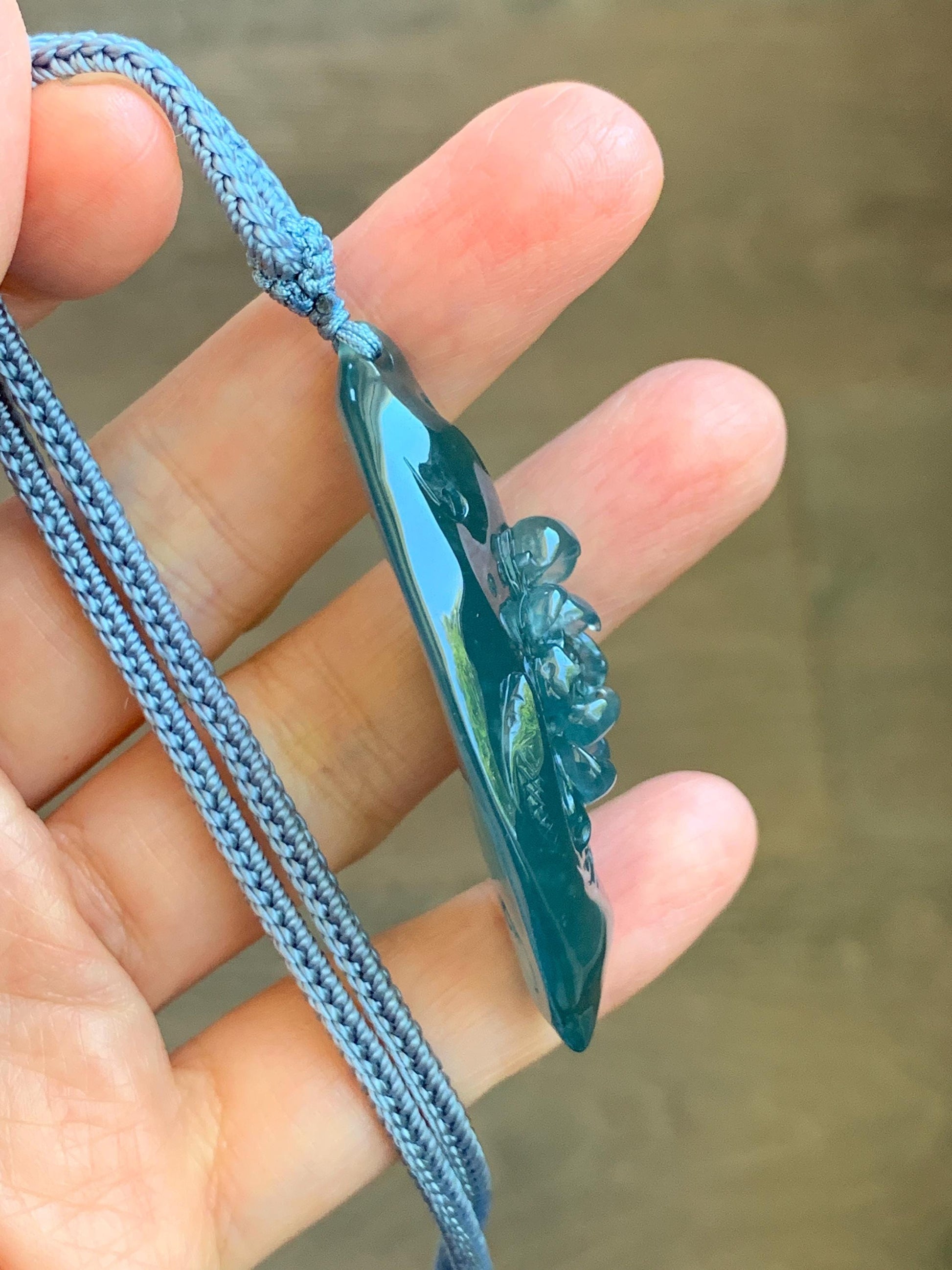 Certified Natural Grade A Guatemalan Icy Dark Teal Blue Jade Jadeite Lotus Flower Koi Fish Pendant Rope Necklace 27” 18g 天然冰危蓝绿翡翠莲花鱼吊坠 1159